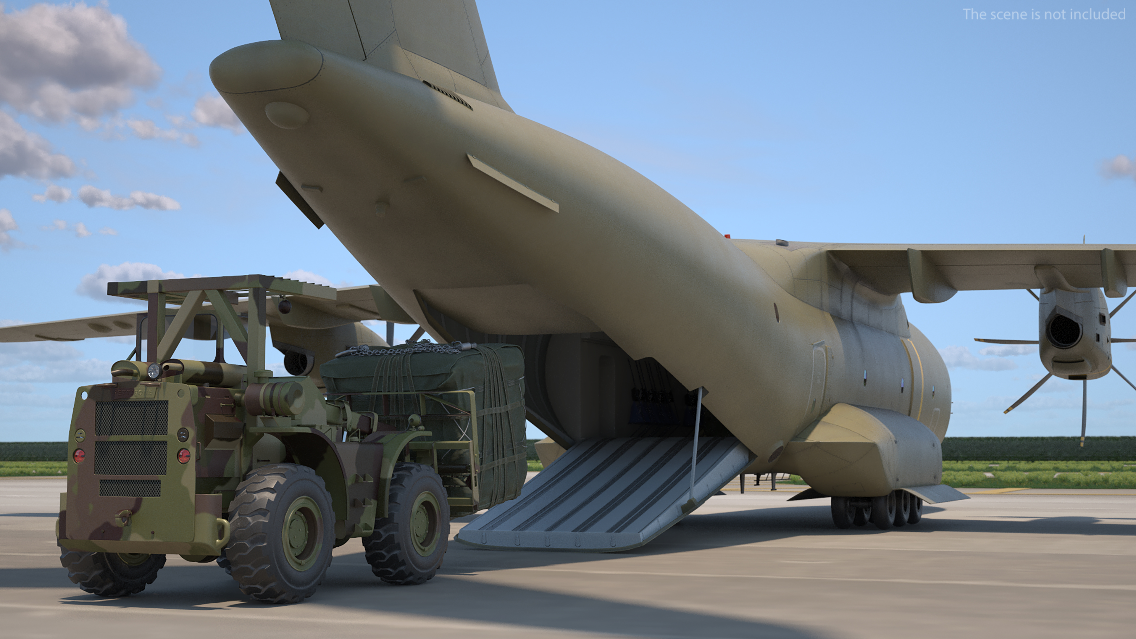 Forklift Loads Cargo to the Airbus Atlas Military Transport Green Rigged 3D