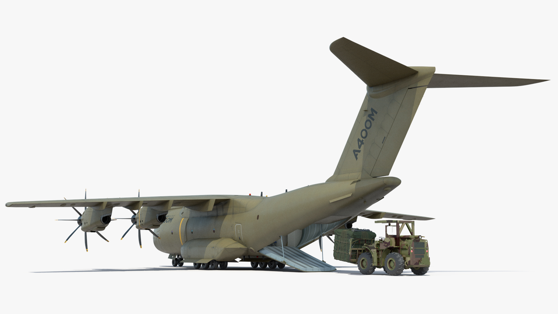 Forklift Loads Cargo to the Airbus Atlas Military Transport Green Rigged 3D