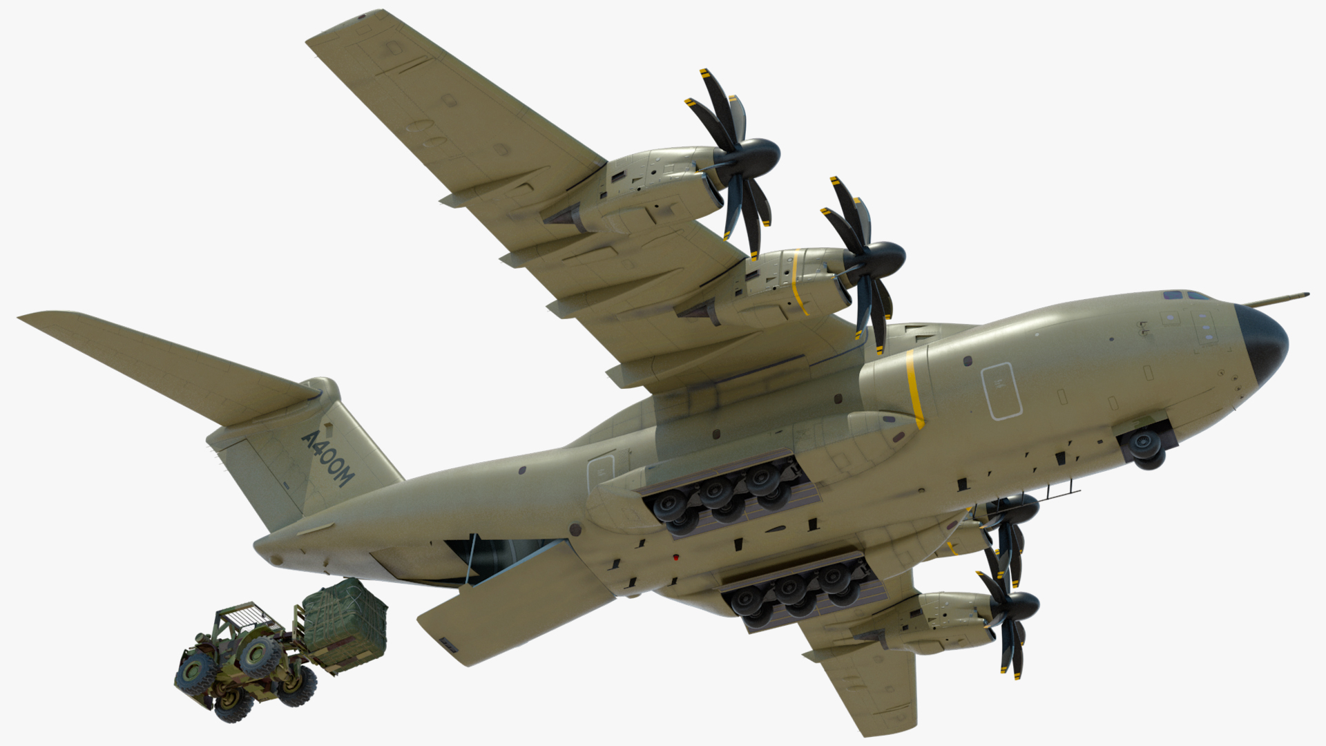 Forklift Loads Cargo to the Airbus Atlas Military Transport Green Rigged 3D