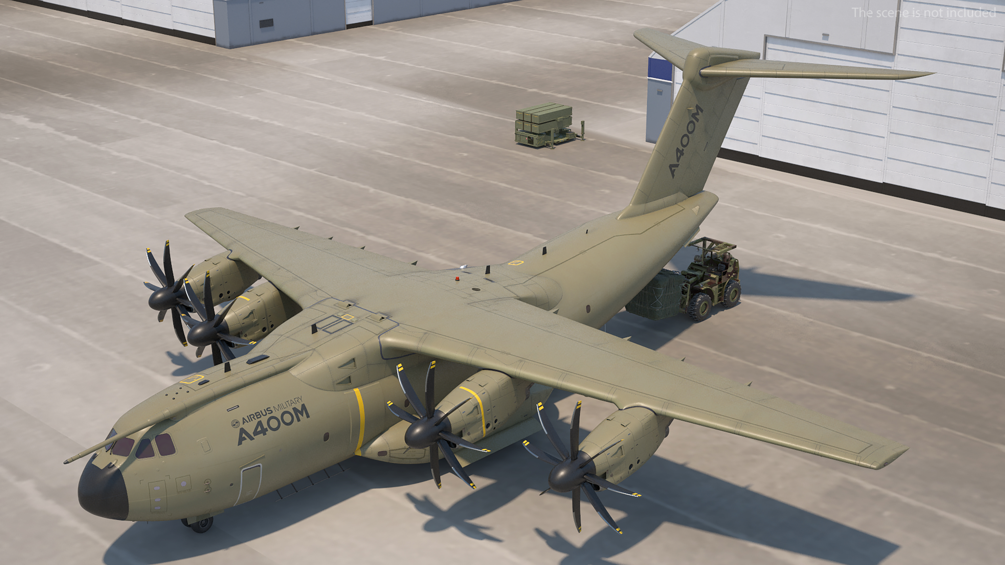 Forklift Loads Cargo to the Airbus Atlas Military Transport Green Rigged 3D