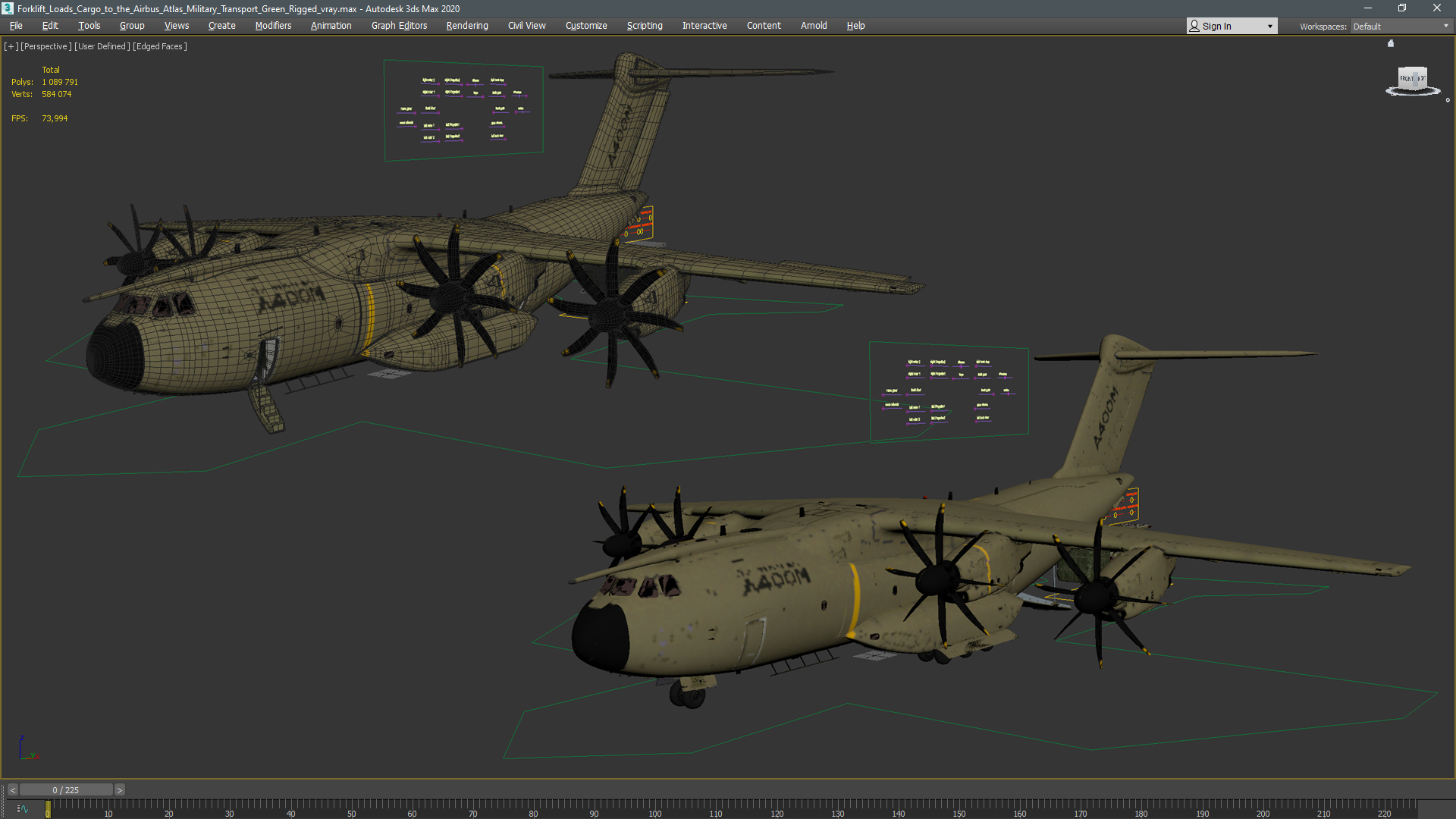 Forklift Loads Cargo to the Airbus Atlas Military Transport Green Rigged 3D