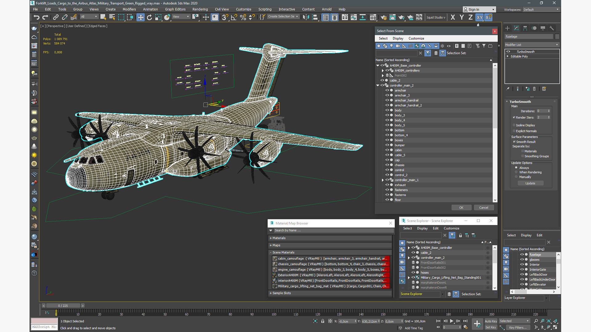 Forklift Loads Cargo to the Airbus Atlas Military Transport Green Rigged 3D