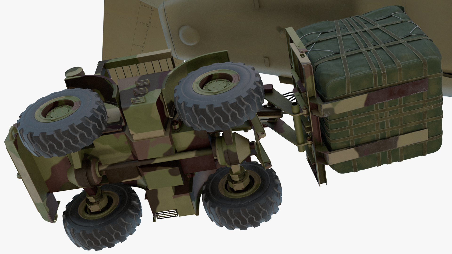 Forklift Loads Cargo to the Airbus Atlas Military Transport Green Rigged 3D