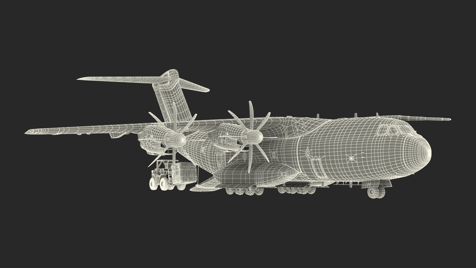 Forklift Loads Cargo to the Airbus Atlas Military Transport Green Rigged 3D