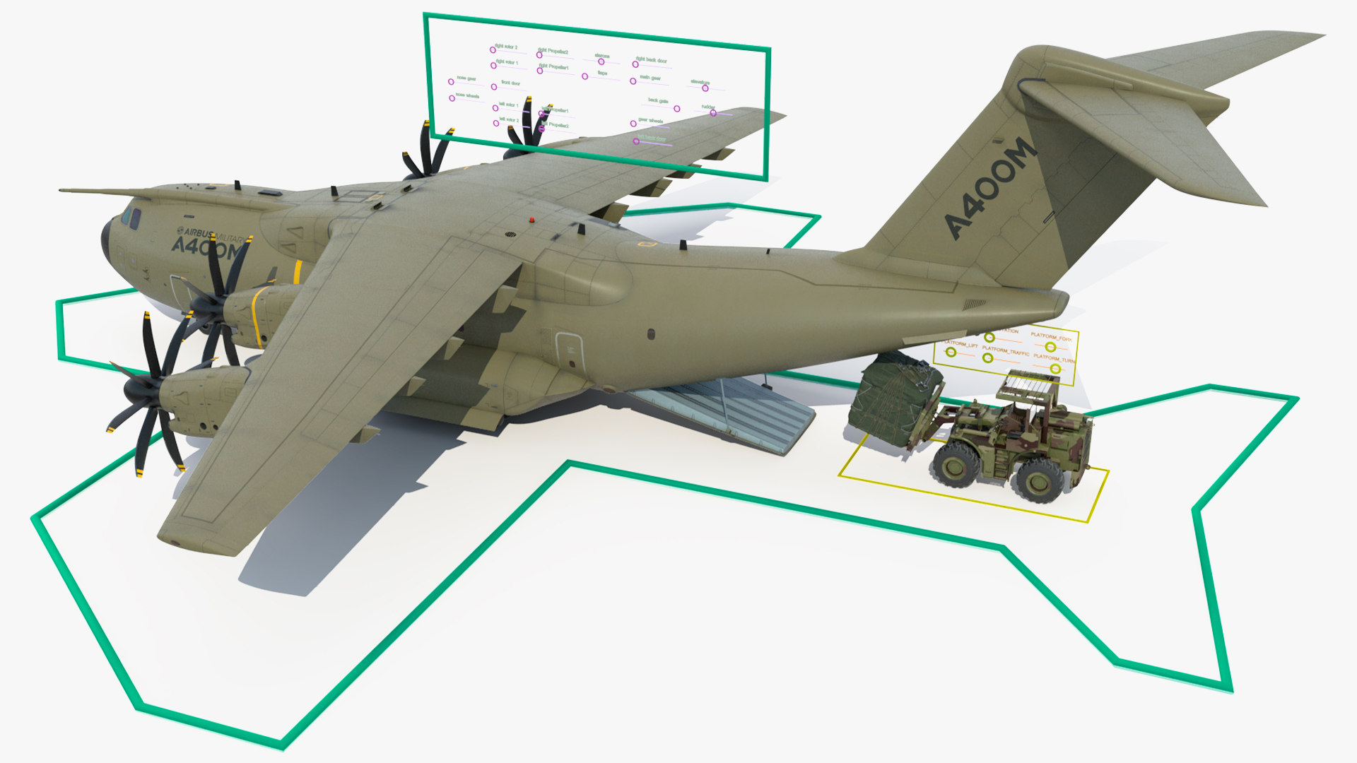 Forklift Loads Cargo to the Airbus Atlas Military Transport Green Rigged 3D