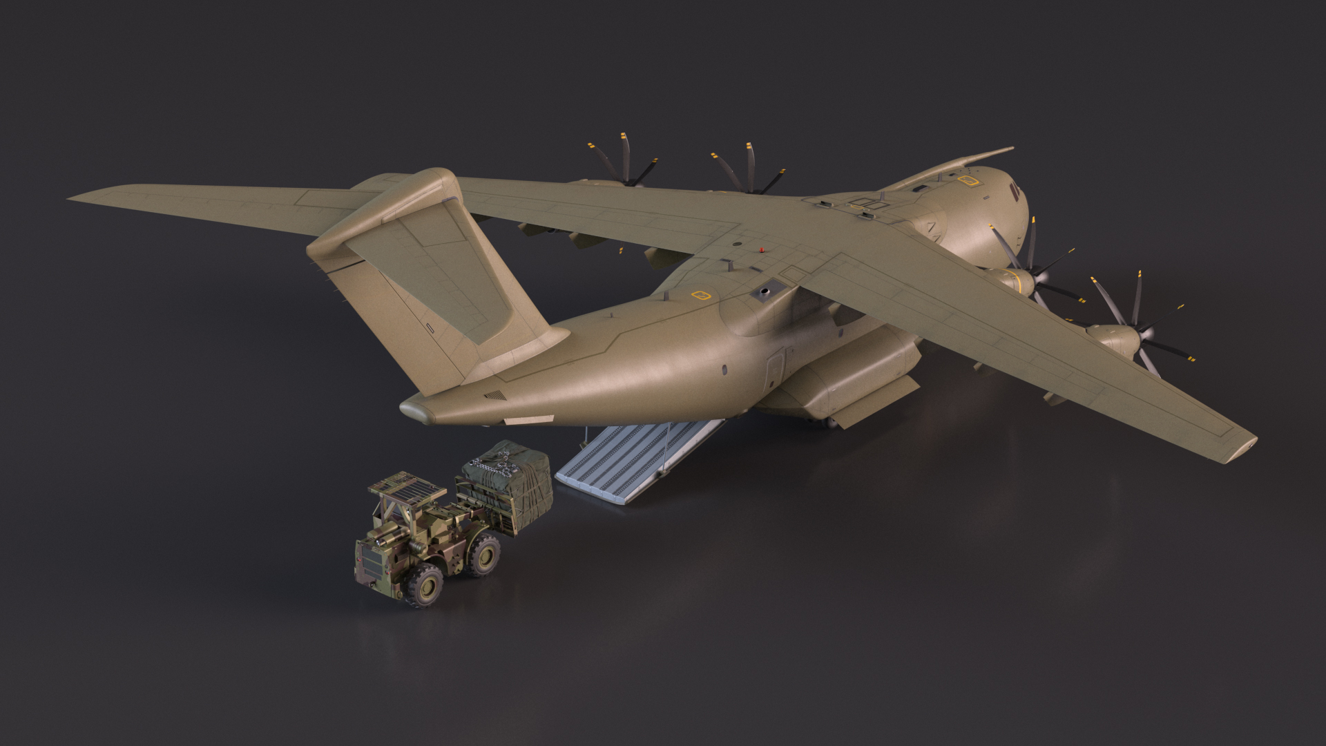 Forklift Loads Cargo to the Airbus Atlas Military Transport Green Rigged 3D