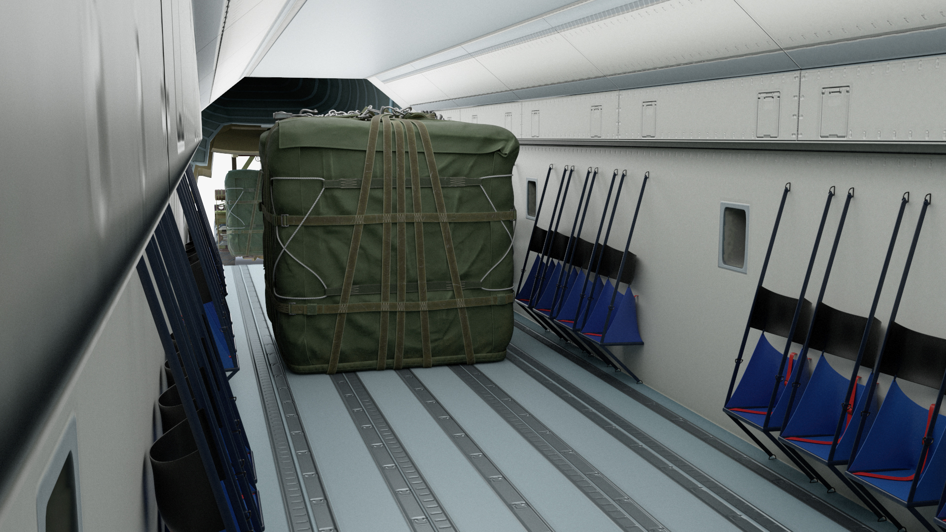 Forklift Loads Cargo to the Airbus Atlas Military Transport Green Rigged 3D