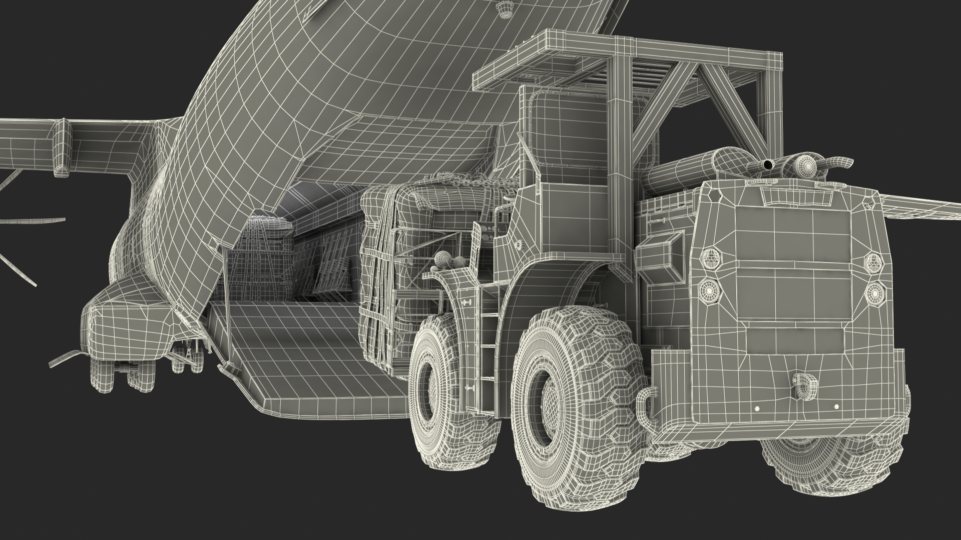 Forklift Loads Cargo to the Airbus Atlas Military Transport Green Rigged 3D