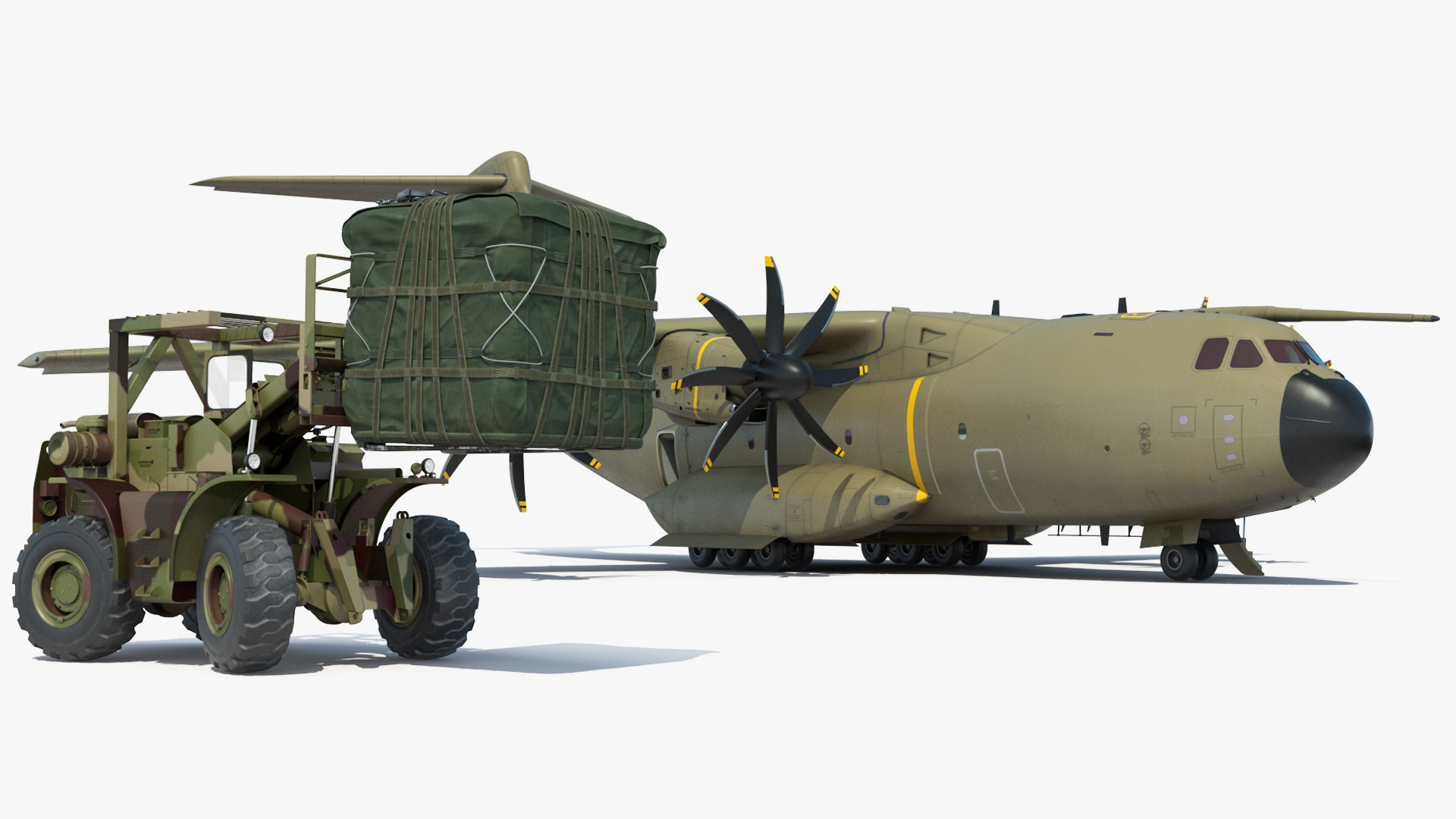 Forklift Loads Cargo to the Airbus Atlas Military Transport Green Rigged 3D