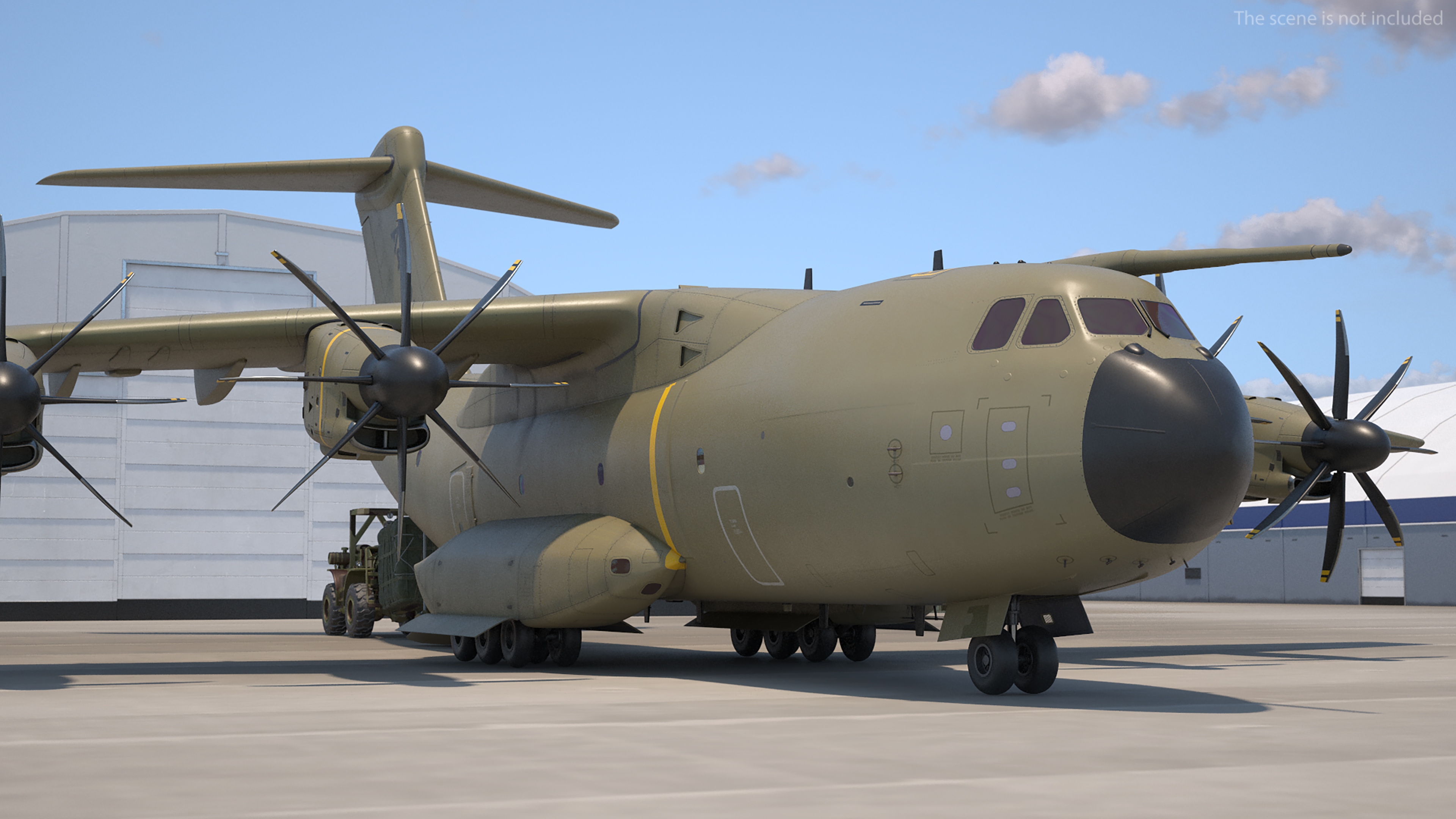 Forklift Loads Cargo to the Airbus Atlas Military Transport Green Rigged 3D