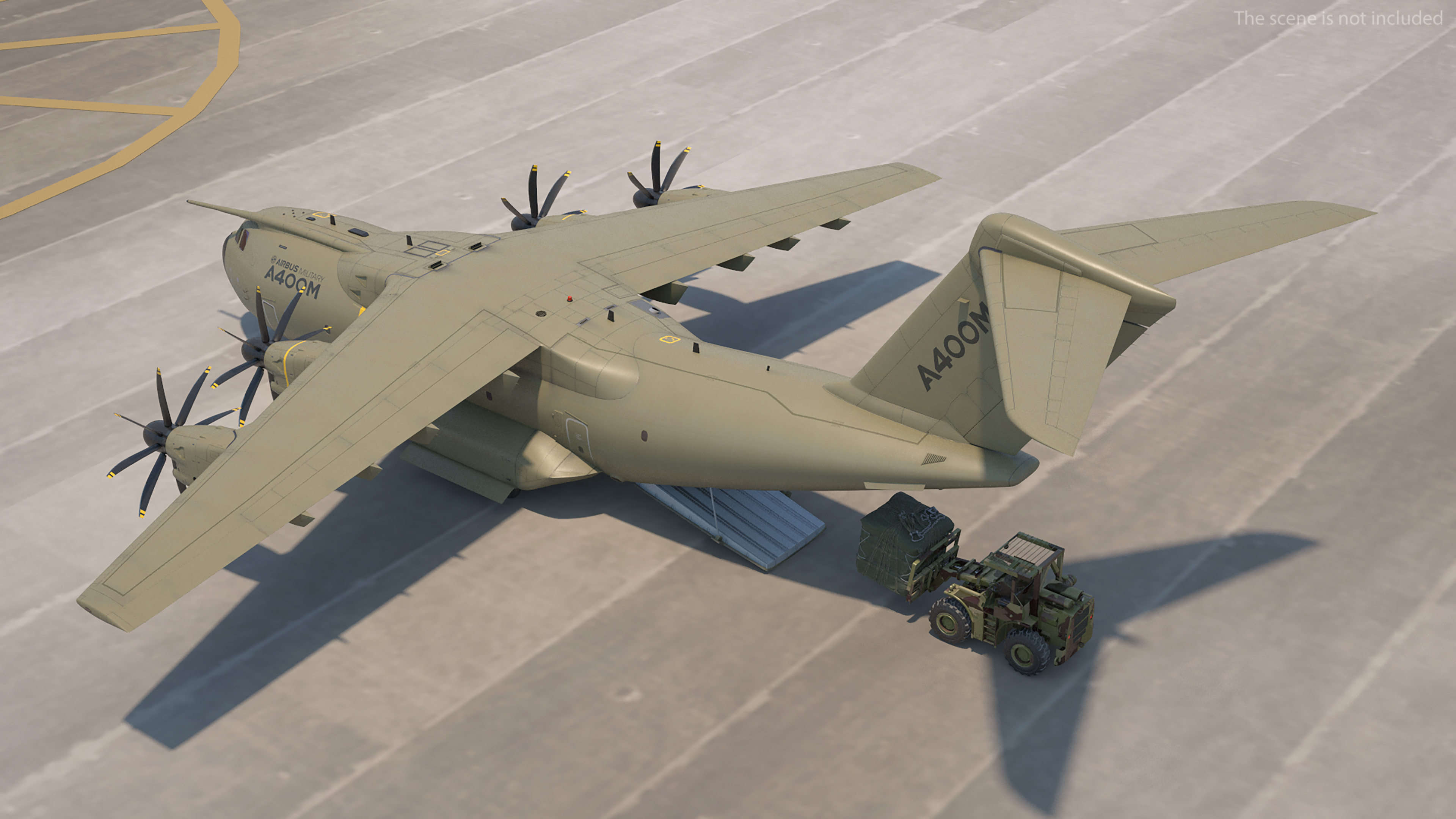 Forklift Loads Cargo to the Airbus Atlas Military Transport Green Rigged 3D