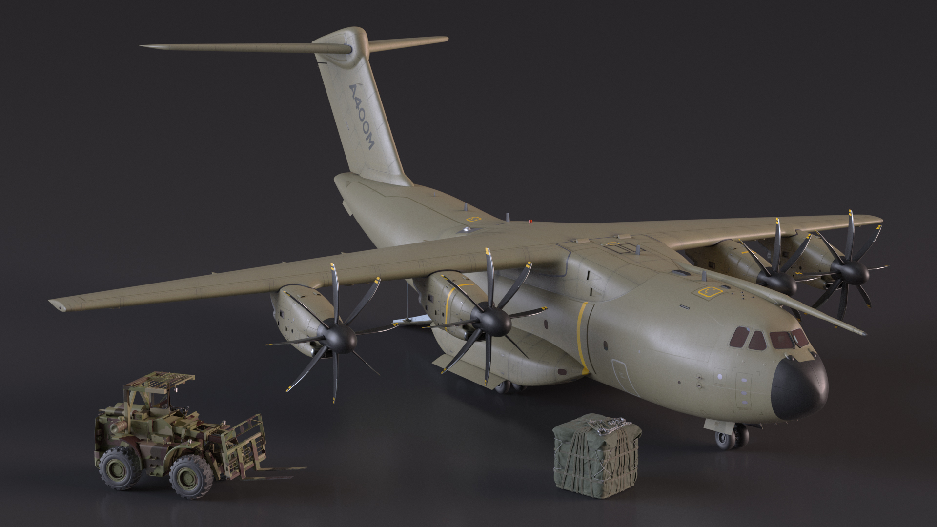 Forklift Loads Cargo to the Airbus Atlas Military Transport Green Rigged 3D