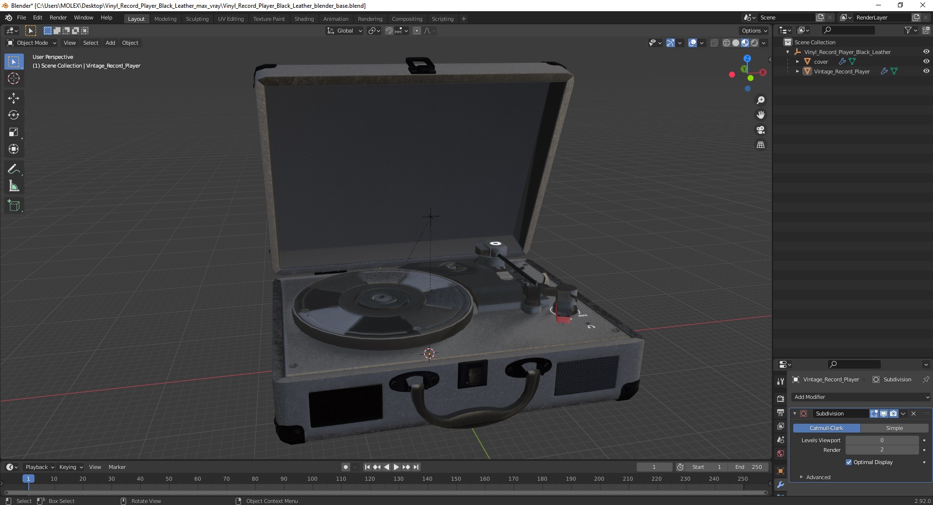 3D Vinyl Record Player Black Leather model