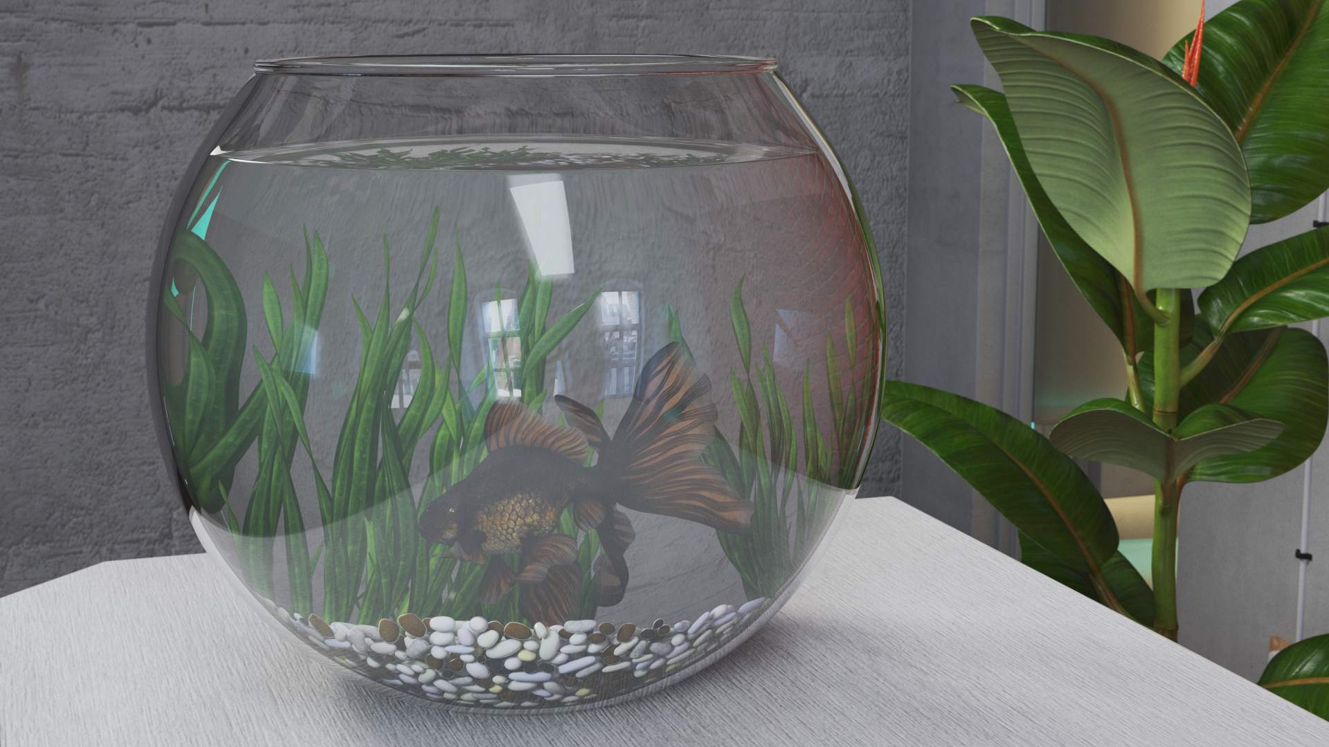Round Aquarium with Black Moor Goldfish, view 2