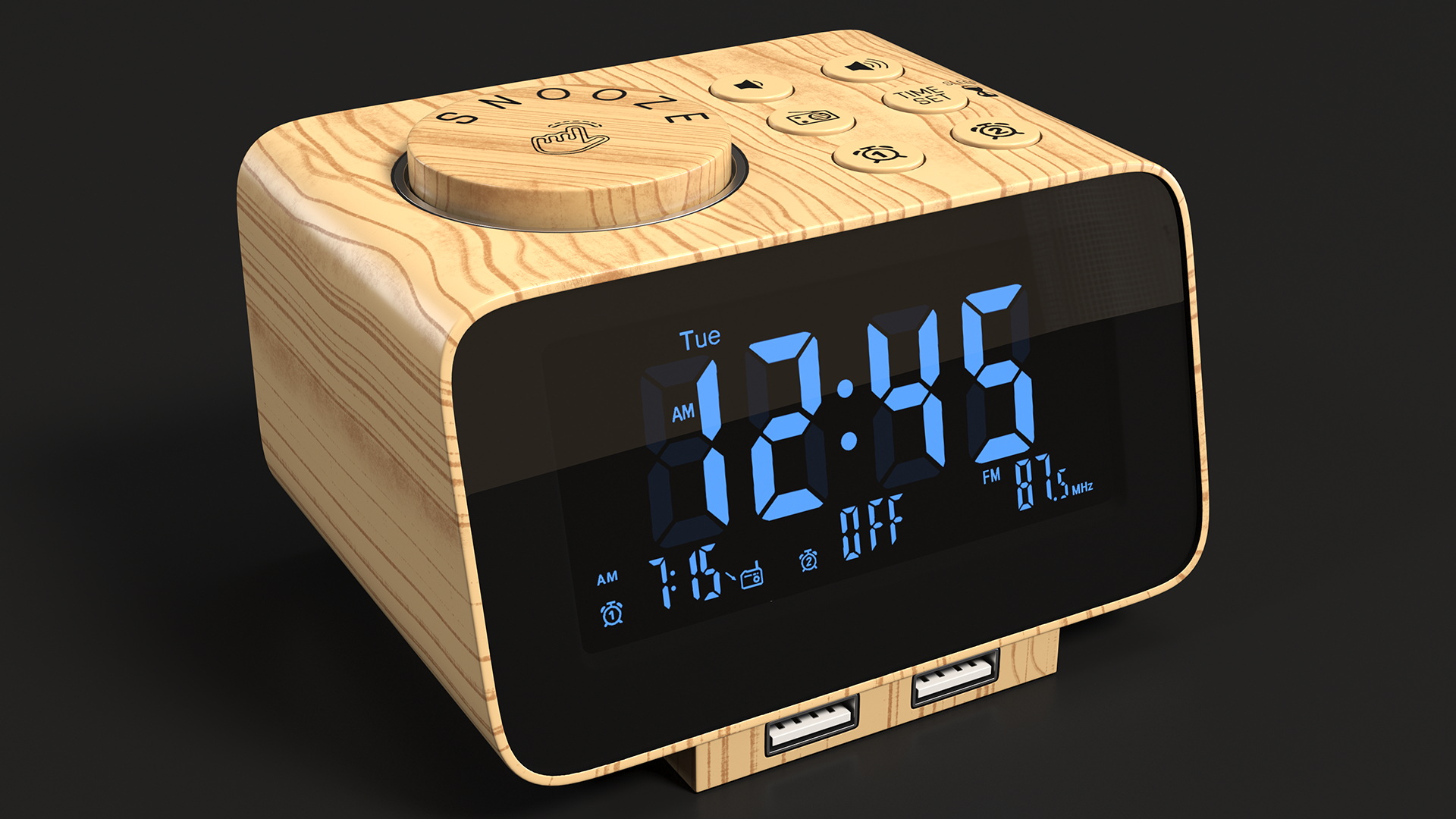 Digital Alarm Clock Radio Wooden 3D