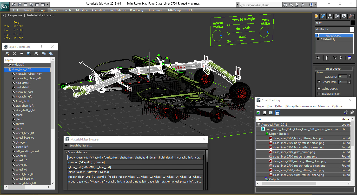 3D Twin Rotor Hay Rake Claas Liner 2700 Rigged model