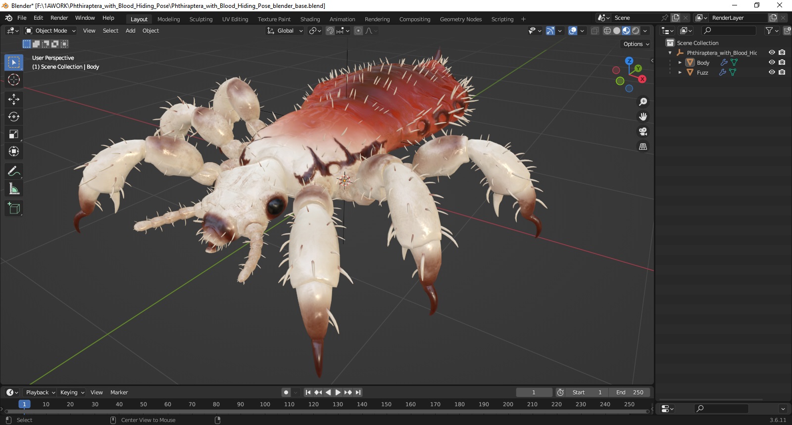 Phthiraptera with Blood Hiding Pose SSS 3D model
