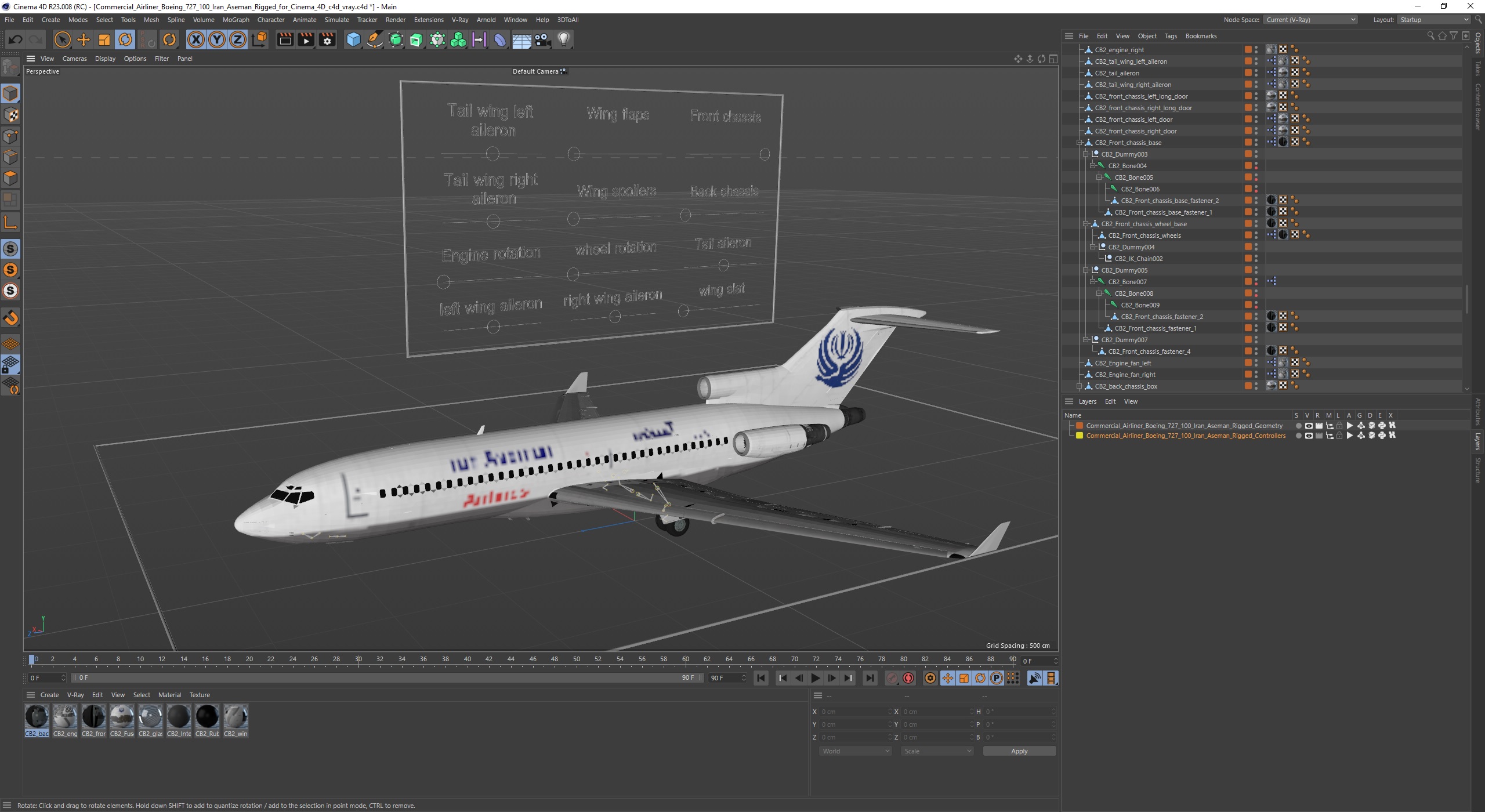 Commercial Airliner Boeing 727-100 Iran Aseman Rigged for Cinema 4D 3D