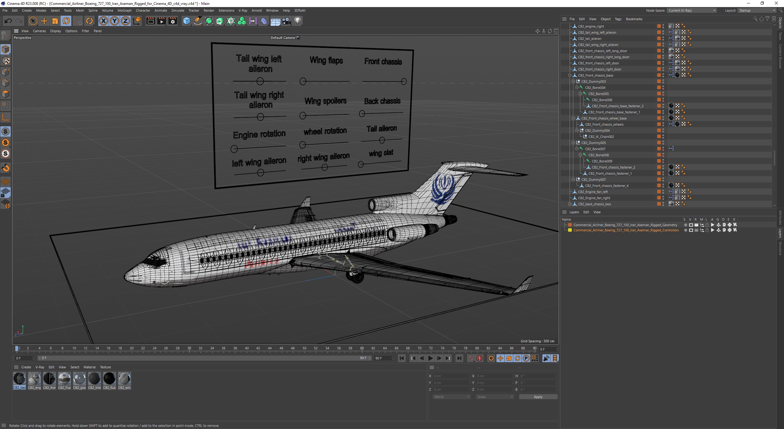 Commercial Airliner Boeing 727-100 Iran Aseman Rigged for Cinema 4D 3D