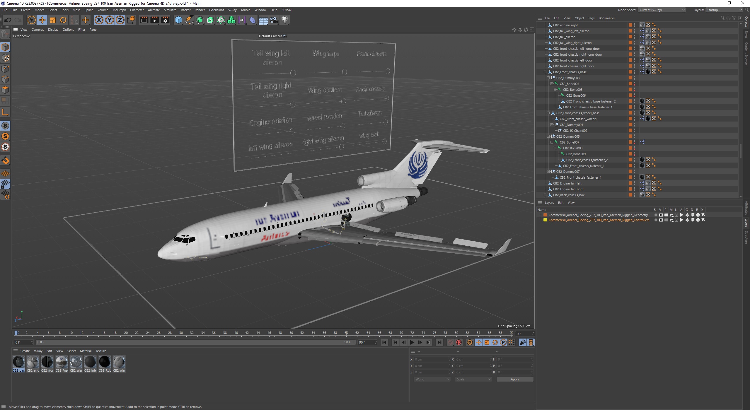 Commercial Airliner Boeing 727-100 Iran Aseman Rigged for Cinema 4D 3D