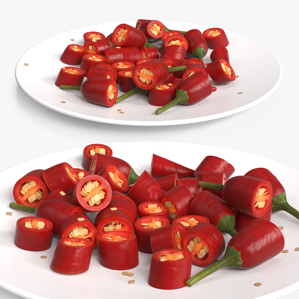 Sliced Chili Peppers with Seeds on Plate Red
