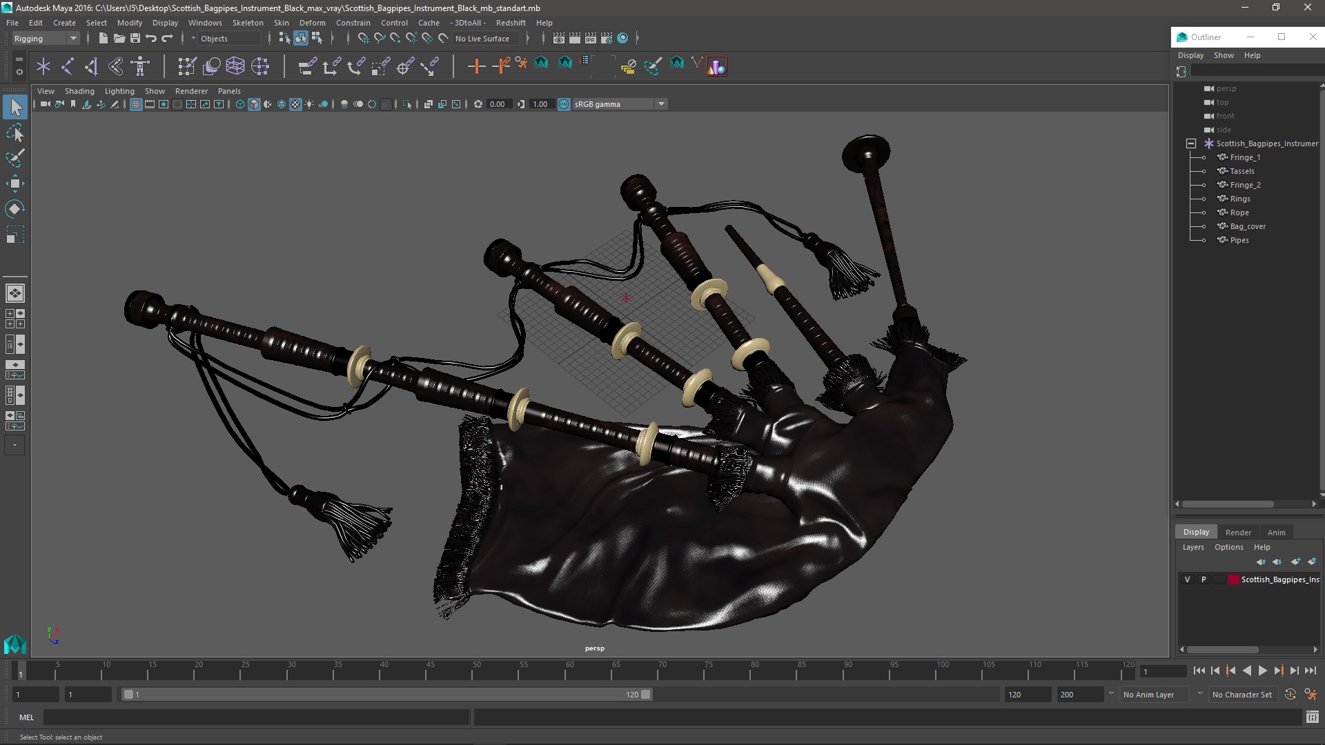 Scottish Bagpipes Instrument Black 3D model