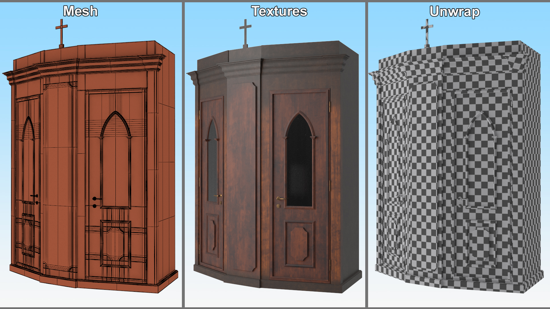 3D Classic Confessional Booth Dark Wood