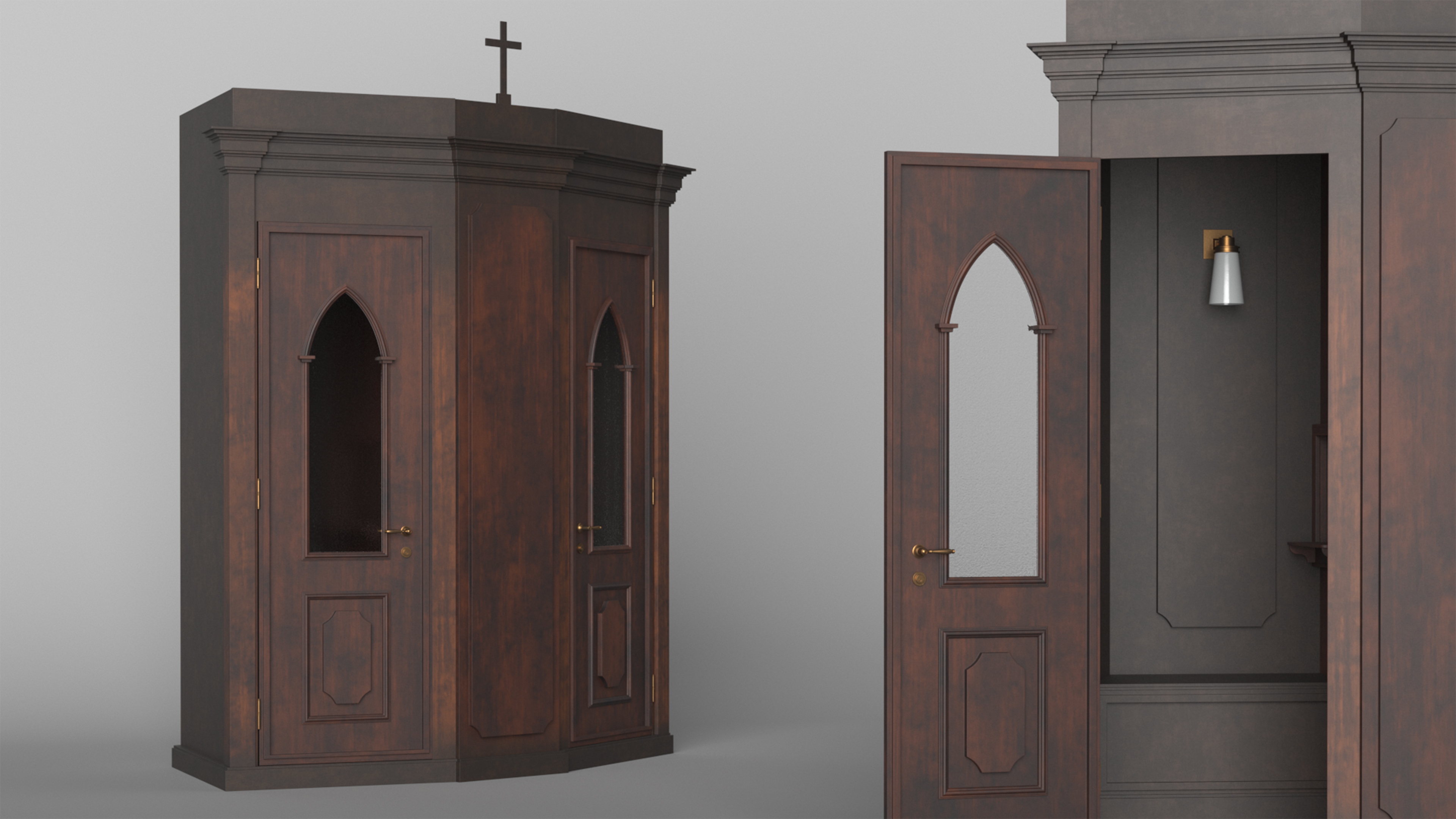 3D Classic Confessional Booth Dark Wood