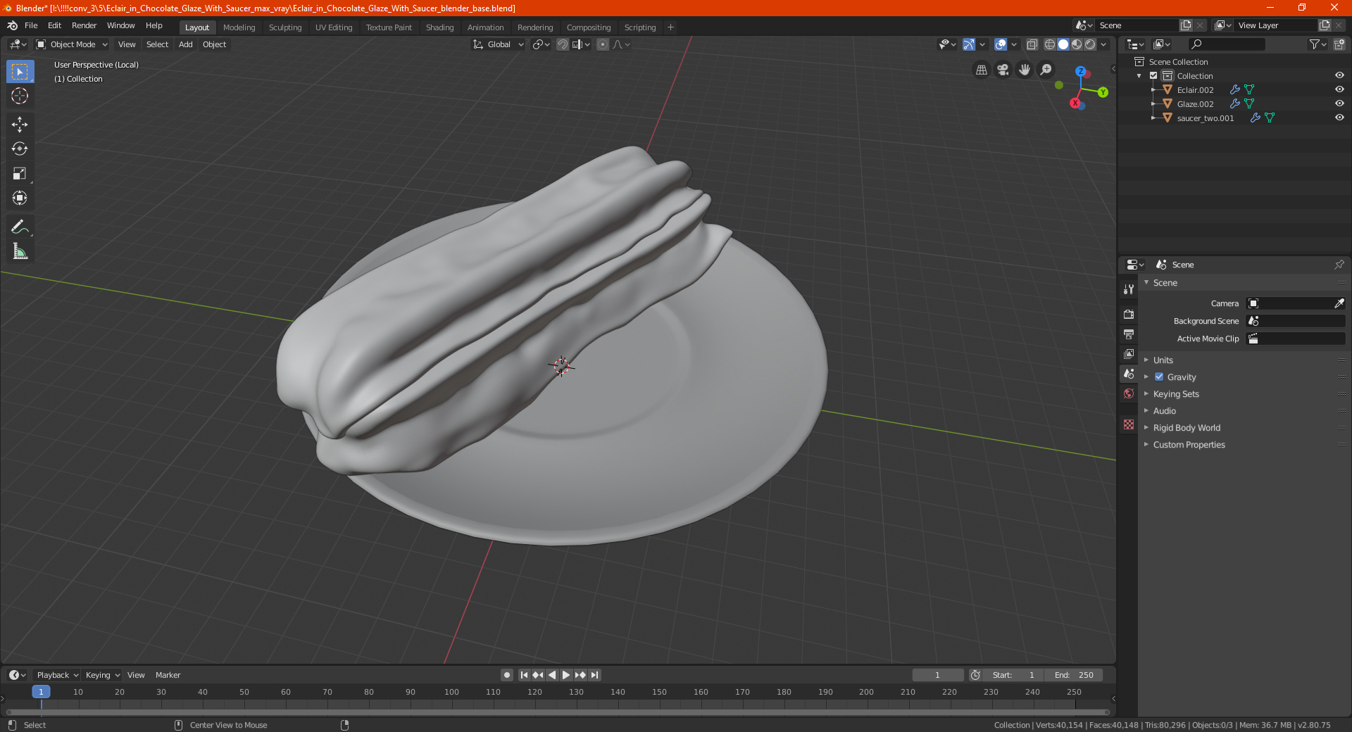 Eclair in Chocolate Glaze with Saucer 3D