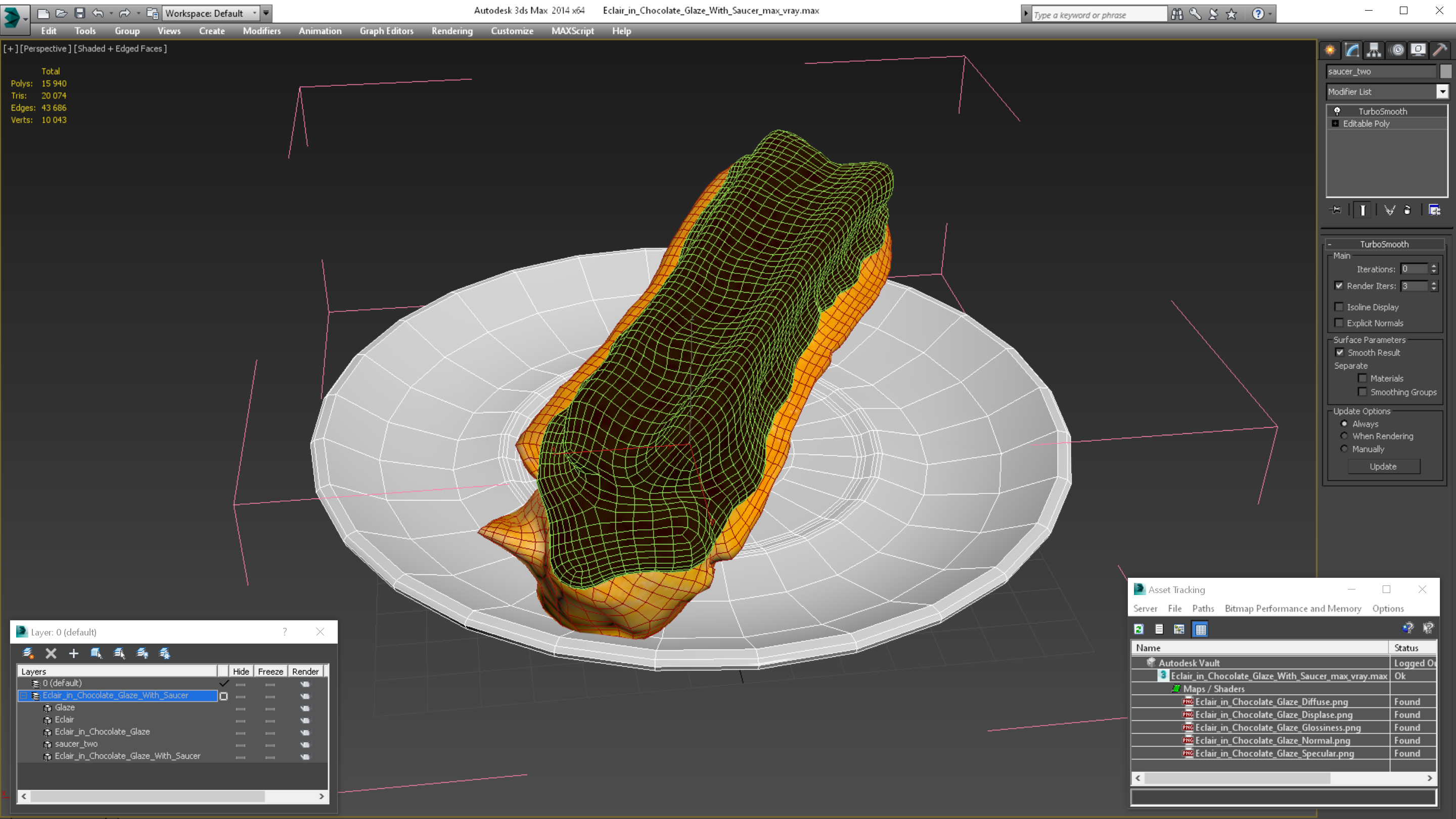 Eclair in Chocolate Glaze with Saucer 3D