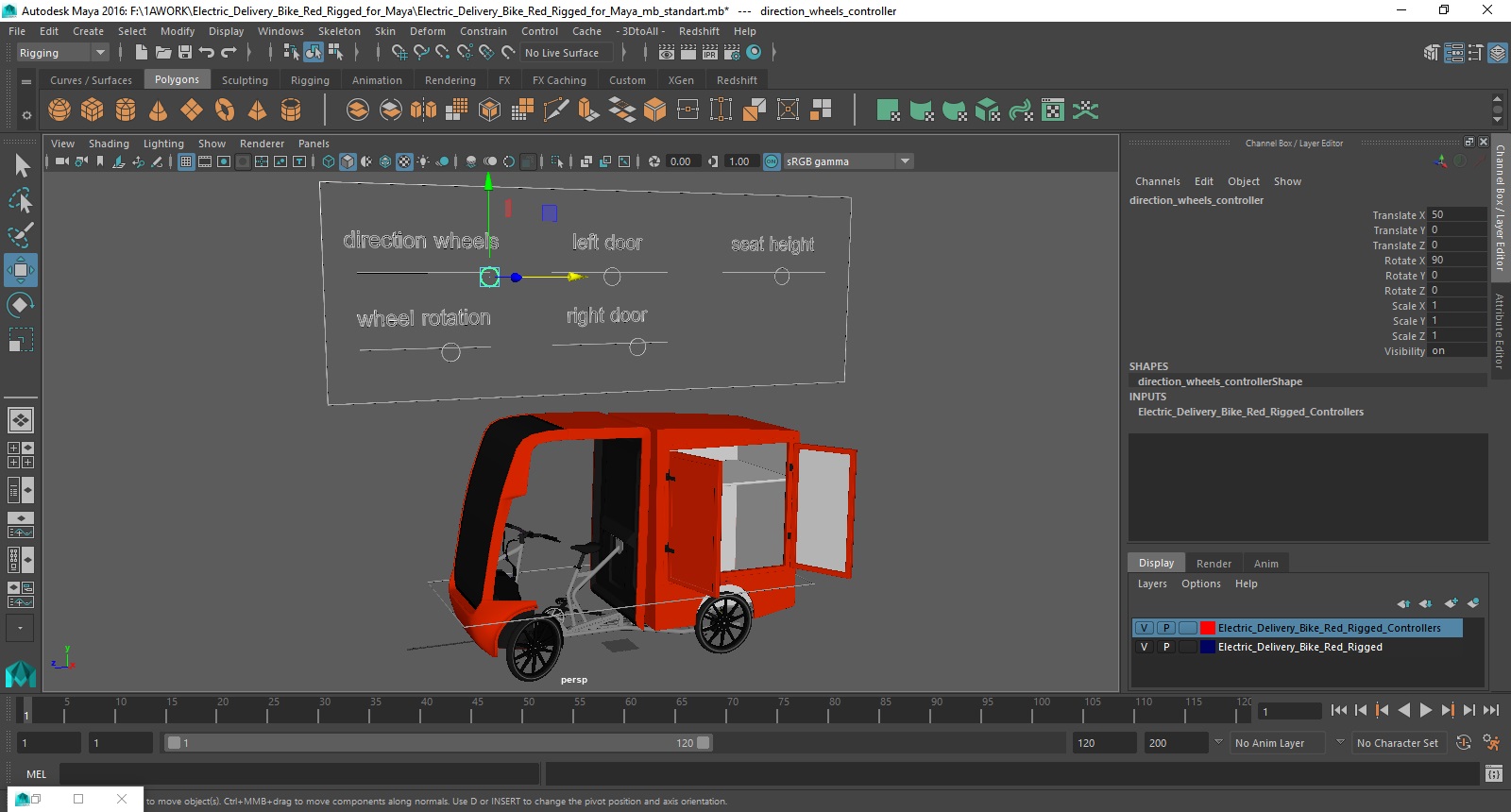 Electric Delivery Bike Red Rigged for Maya 3D