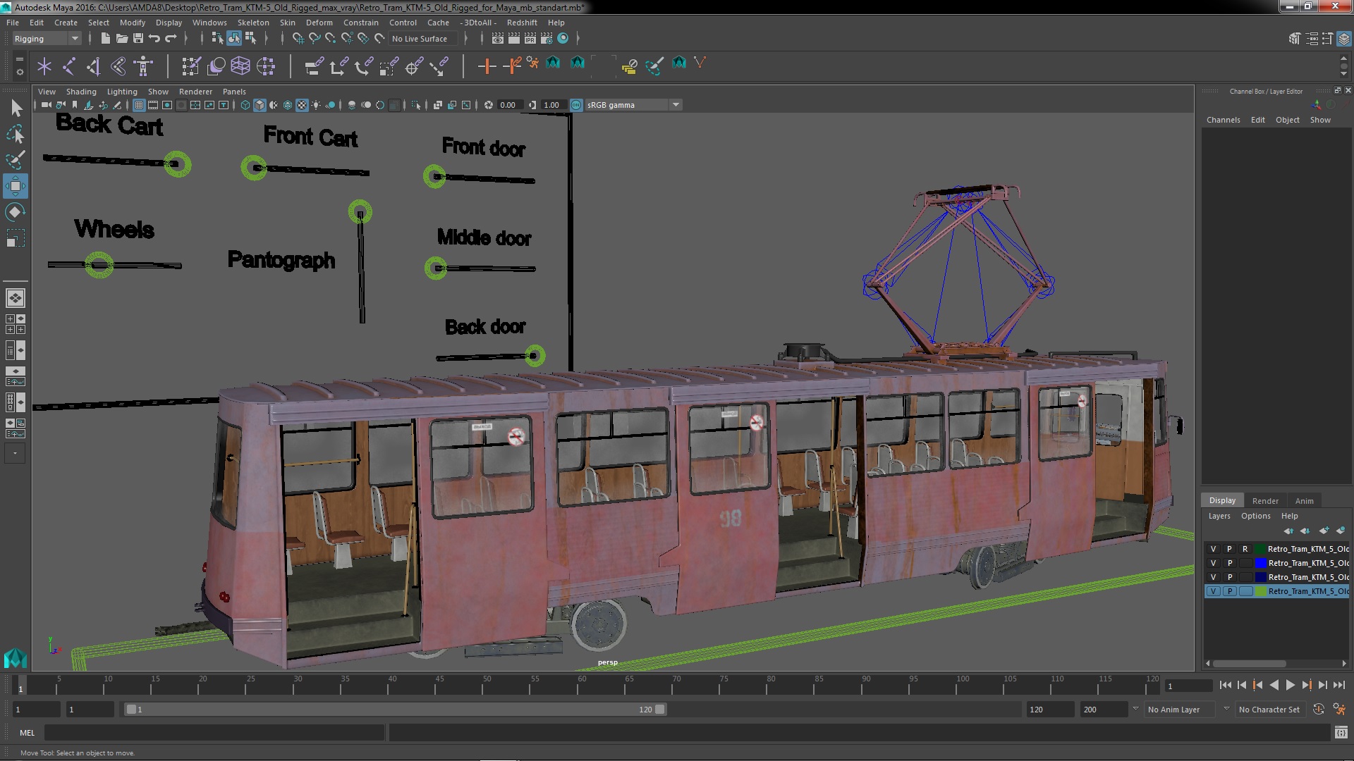 3D Retro Tram KTM-5 Old Rigged for Maya