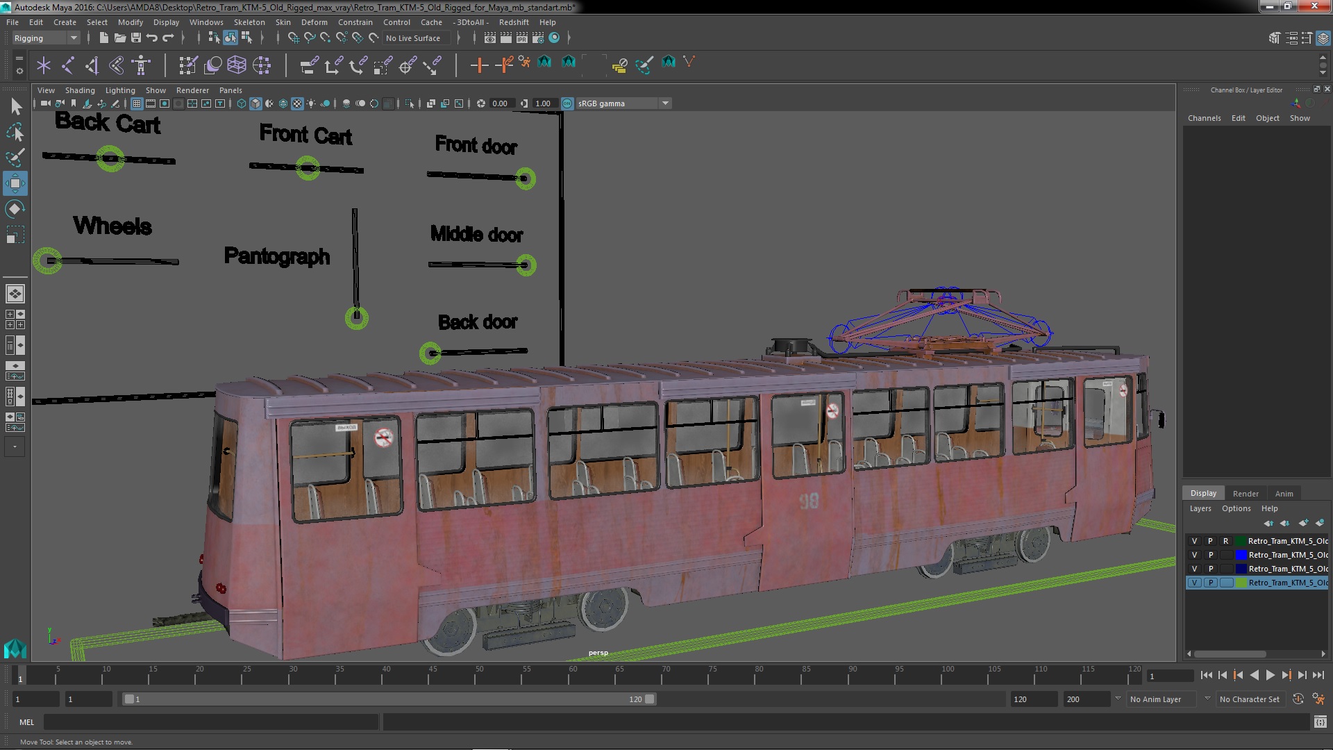3D Retro Tram KTM-5 Old Rigged for Maya