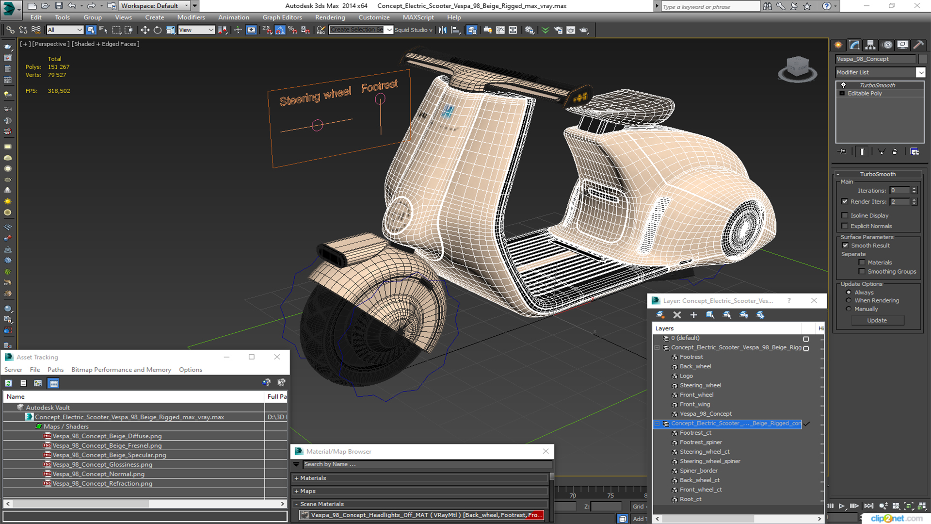 3D Concept Electric Scooter Vespa 98 Beige Rigged