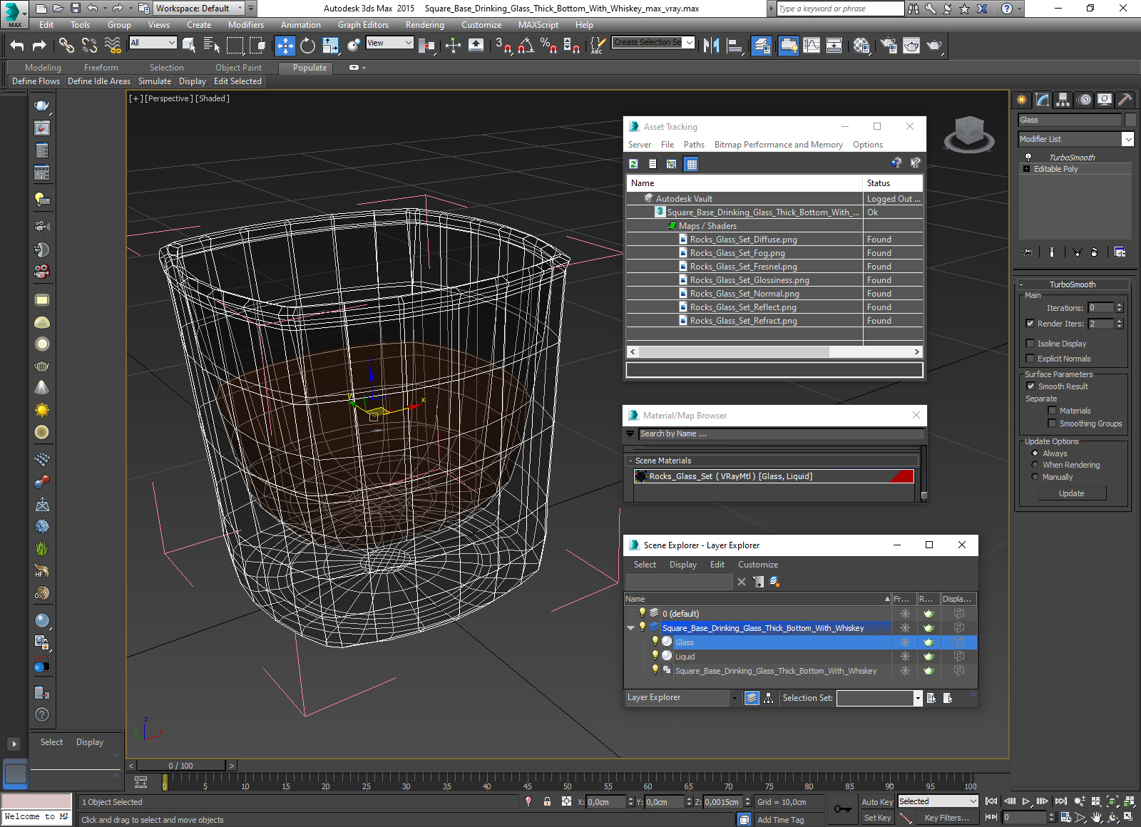 Square Base Drinking Glass Thick Bottom With Whiskey 3D