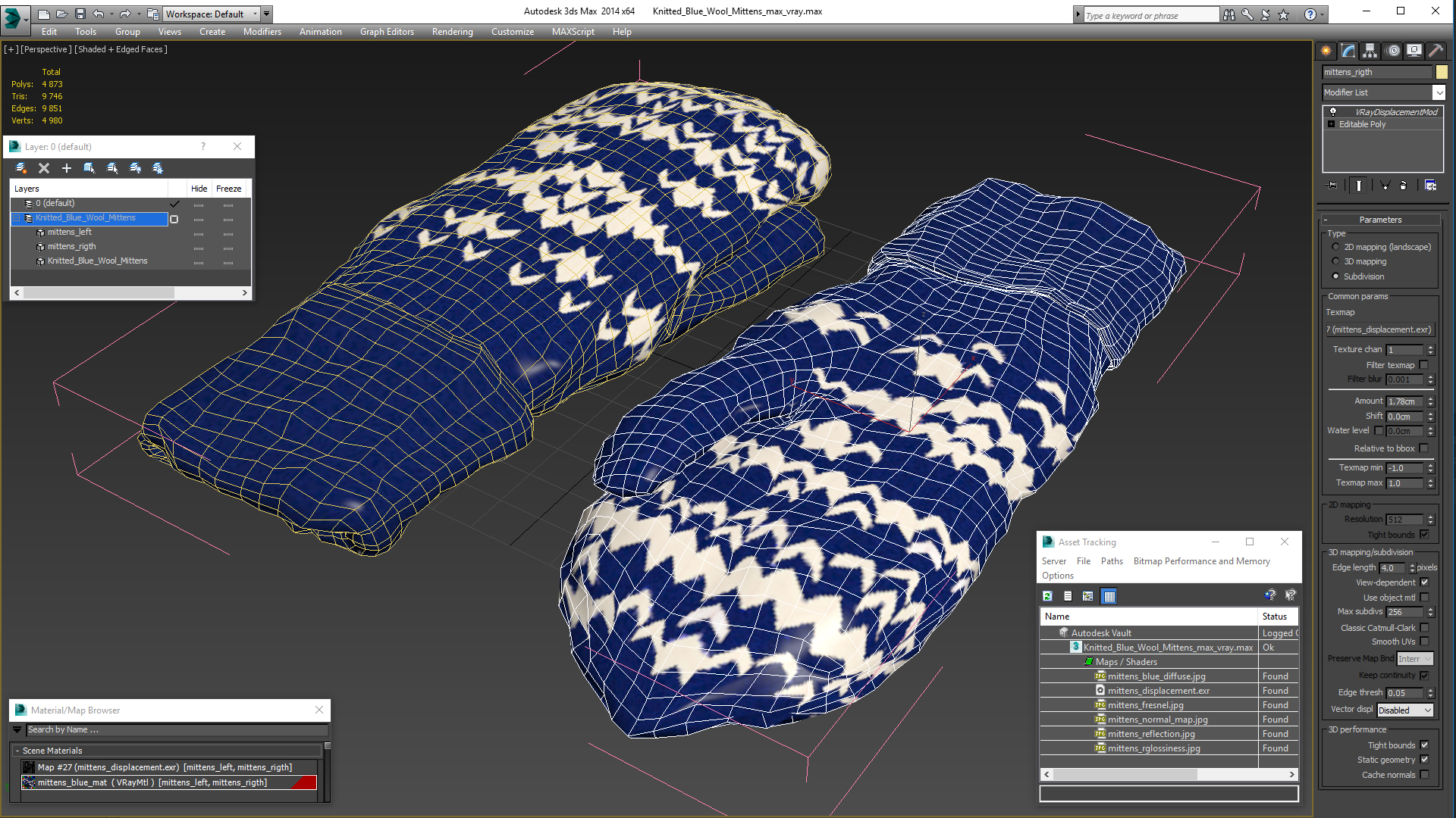 3D model Knitted Blue Wool Mittens