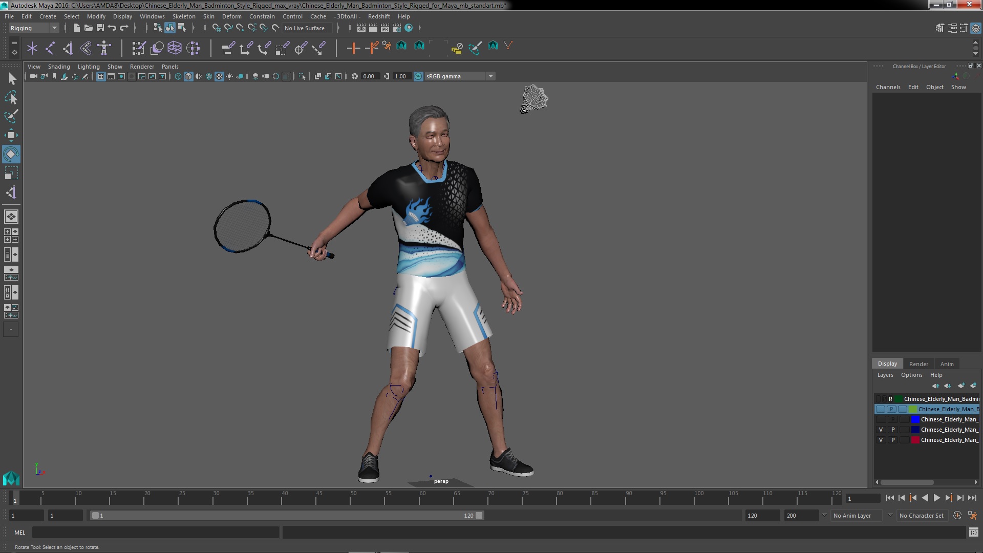 3D Chinese Elderly Man Badminton Style Rigged for Maya
