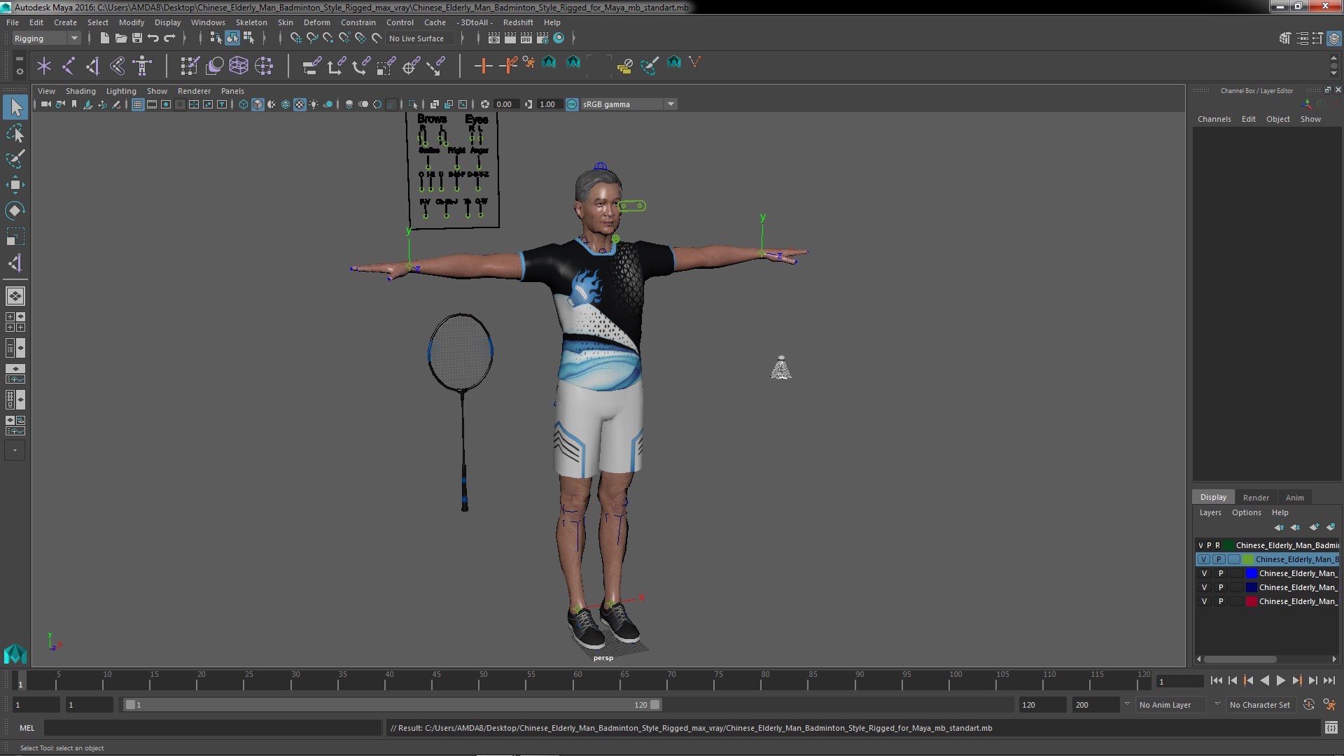 3D Chinese Elderly Man Badminton Style Rigged for Maya
