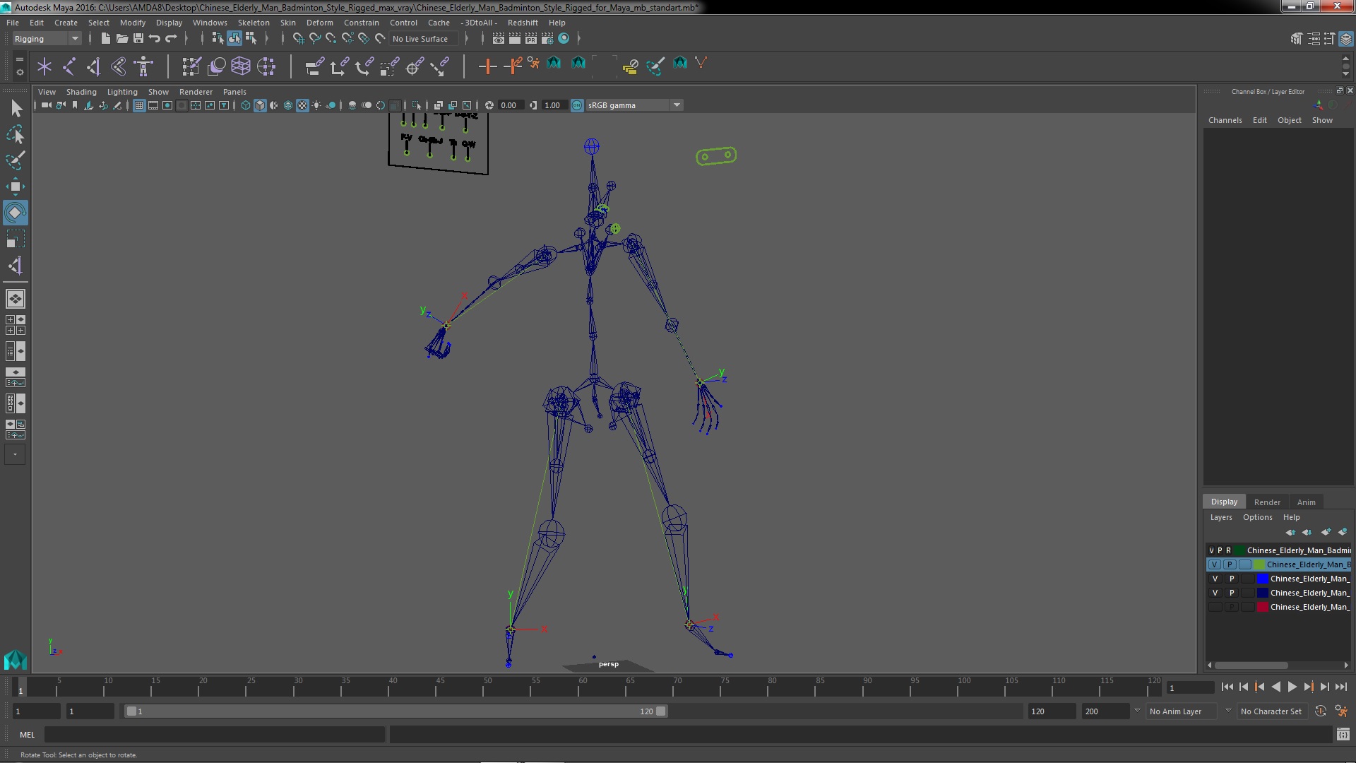 3D Chinese Elderly Man Badminton Style Rigged for Maya