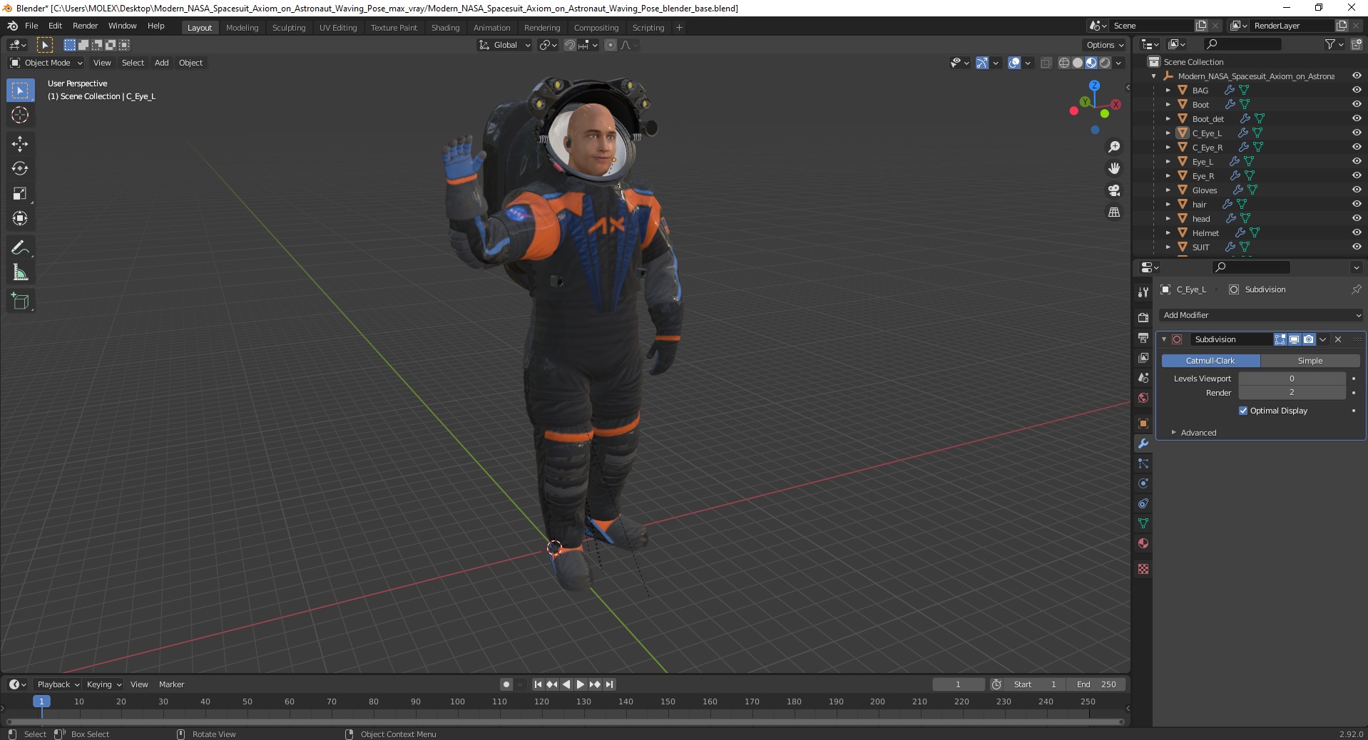 Modern NASA Spacesuit Axiom on Astronaut Waving Pose 3D