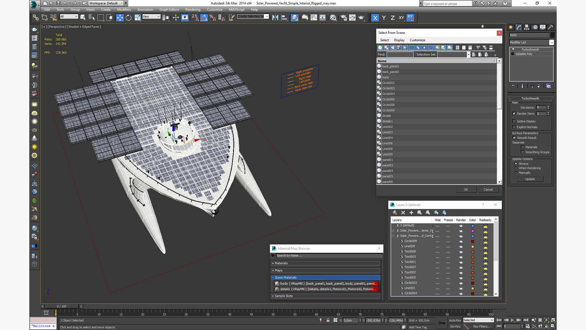 3D Solar Powered Yacht Simple Interior Rigged for Maya