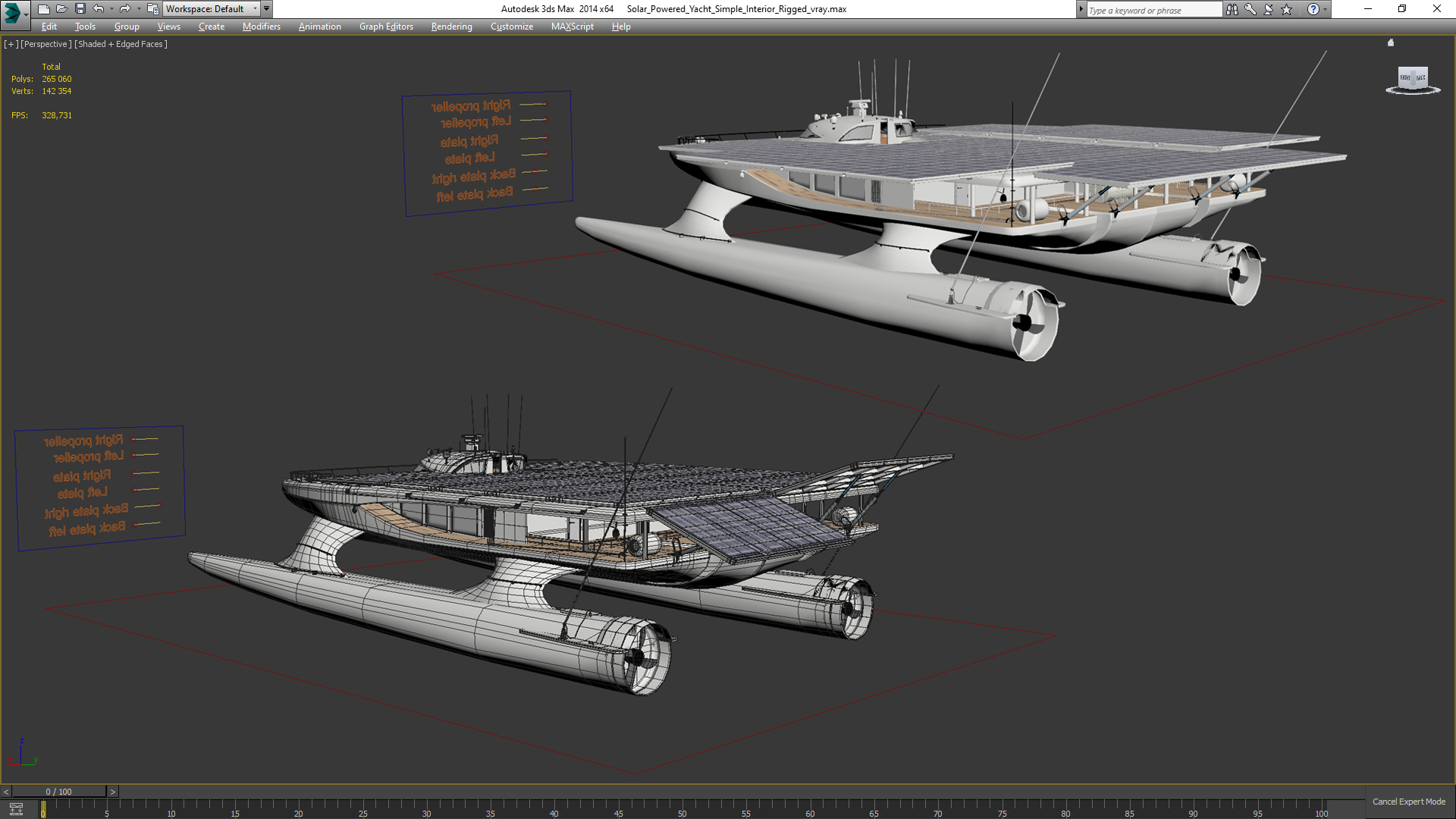 3D Solar Powered Yacht Simple Interior Rigged for Maya