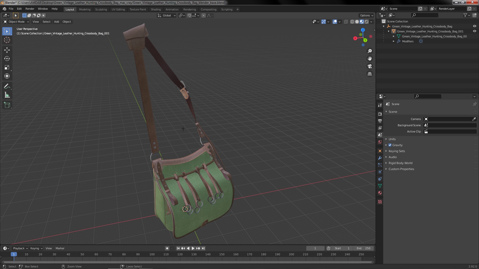 3D Green Vintage Leather Hunting Crossbody Bag model