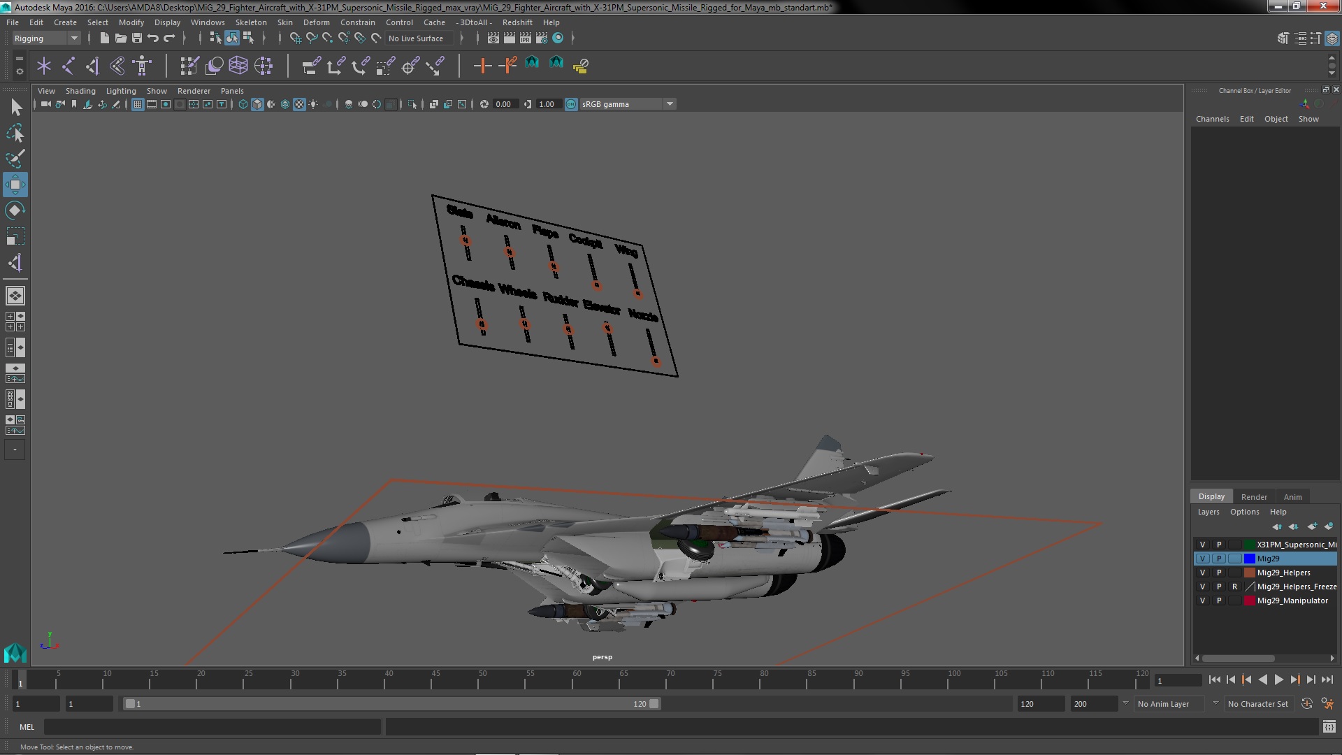 3D model MiG 29 Fighter Aircraft with X-31PM Supersonic Missile Rigged for Maya