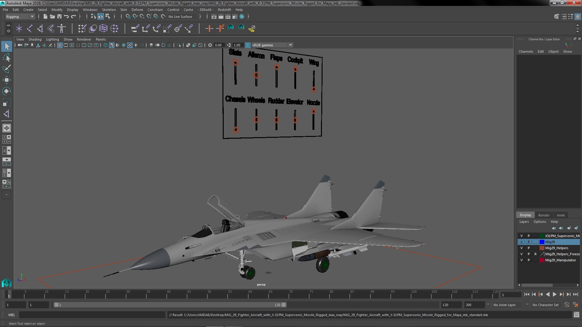 3D model MiG 29 Fighter Aircraft with X-31PM Supersonic Missile Rigged for Maya