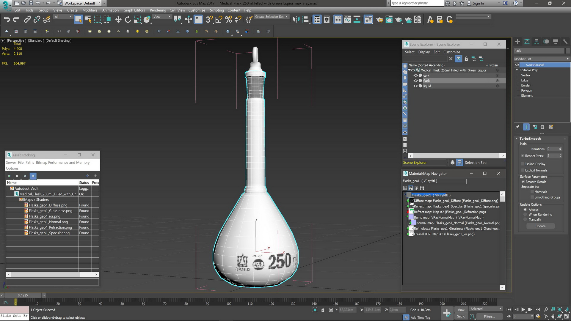 Medical Flask 250ml Filled with Green Liquor 3D model