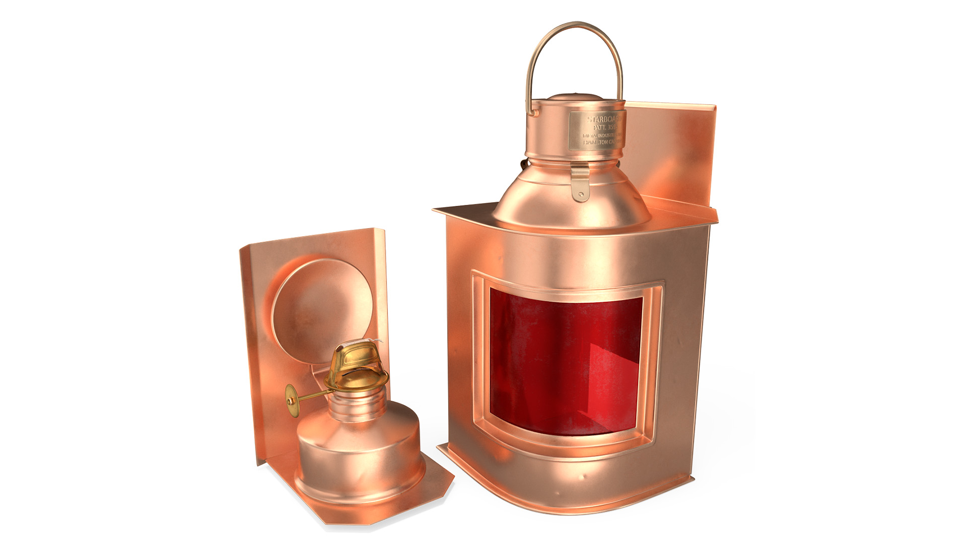 Vintage Copper Ship Lamp with Red Glass Disassembled 3D