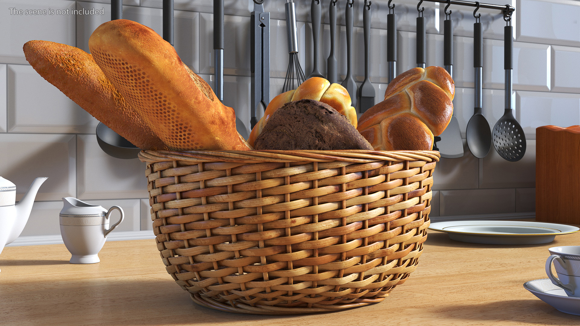 3D Straw Basket with Bread model