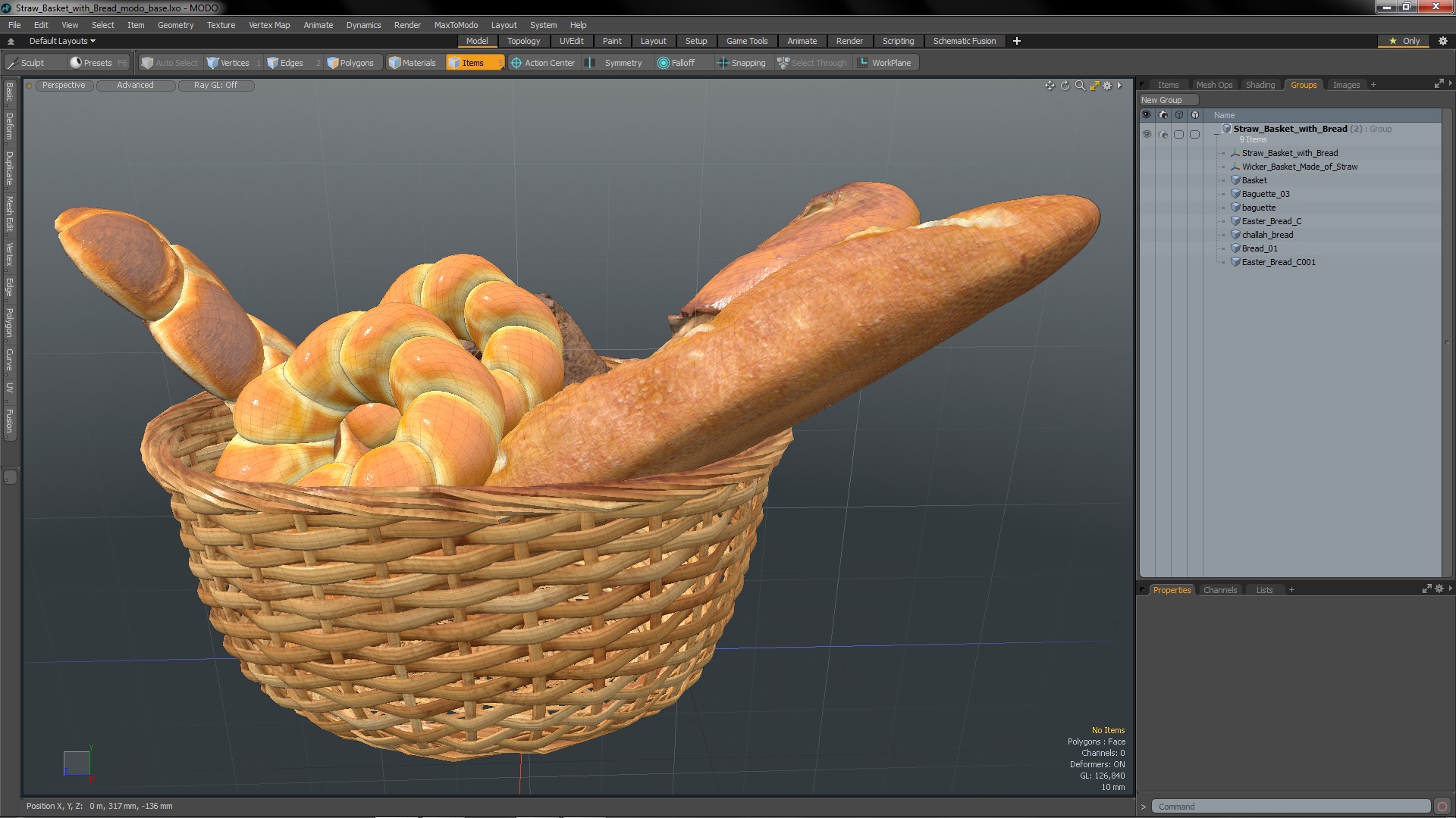 3D Straw Basket with Bread model