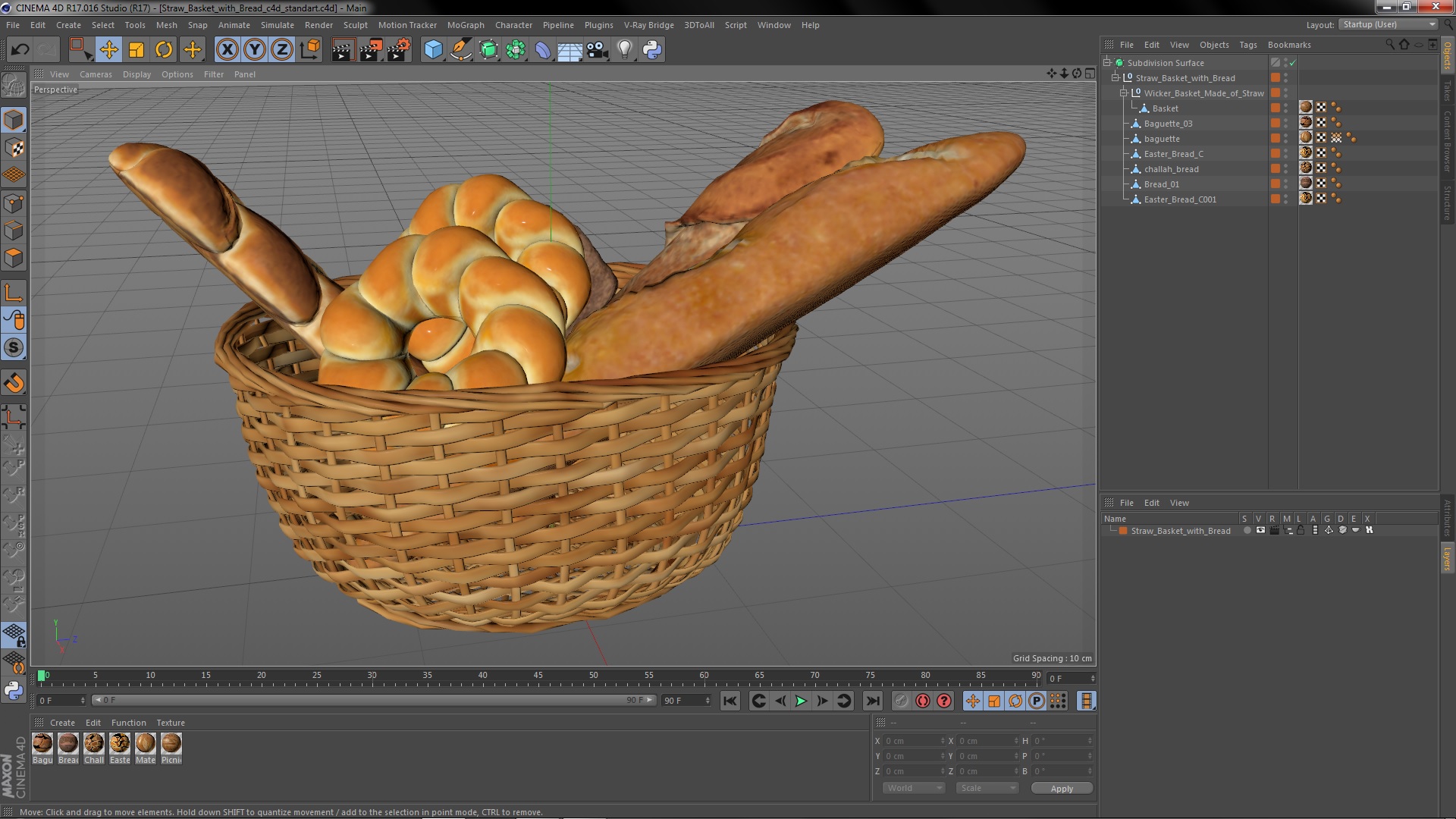 3D Straw Basket with Bread model